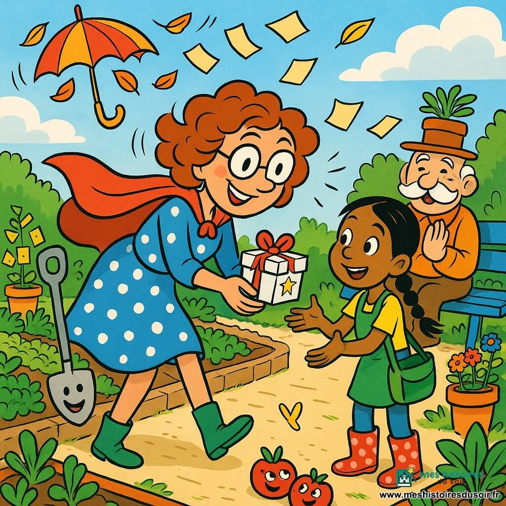 Sophie, femme souriante aux lunettes rondes et cape rouge, tend une petite boîte blanche décorée d'une étoile et d'un ruban à Louna, une fillette aux tresses émerveillée, tandis que M. Picotin, vieil homme moustachu au chapeau-pot de fleurs, applaudit assis sur un banc bleu dans un jardin partagé lumineux aux plates-bandes potagères, pots multicolores et haie verte ; autour, un parapluie jongleur coloré et des étiquettes-volantes tourbillonnent, une pelle souriante et deux tomates rieuses ajoutent une touche ludique, ambiance joyeuse et légère en style bande dessinée franco-belge aux couleurs vives et contours nets.