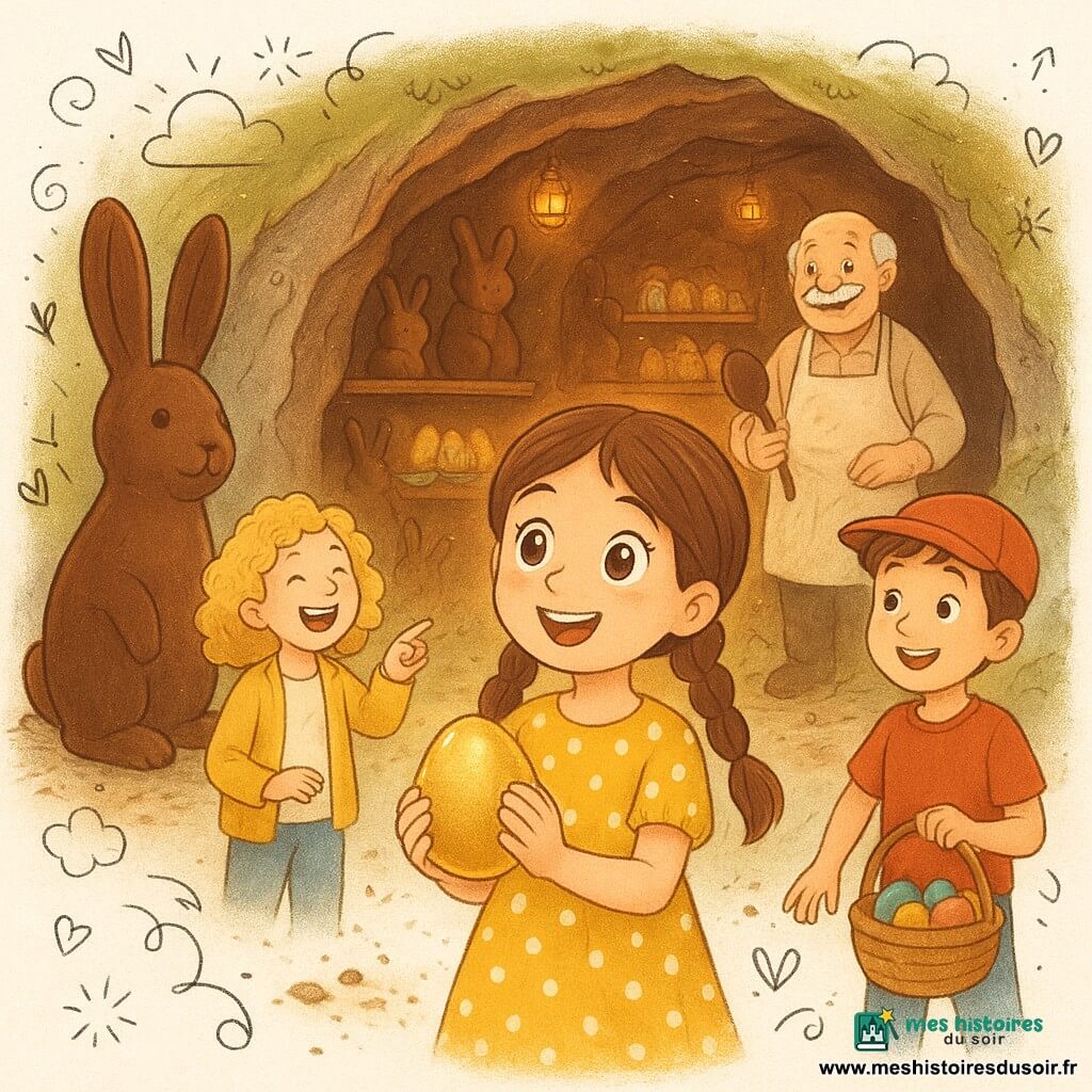 Zoé, 10 ans, rayonnante, cheveux châtains en deux nattes, yeux brillants, porte une robe à pois et des chaussons lapin; elle tient un œuf doré et sourit en regardant la caverne. Léa, ~9–10 ans, bouclée et blonde, en gilet jaune, rit et pointe un grand lapin en chocolat à gauche. Tom, ~10 ans, cheveux bruns courts, casquette rouge, tient un panier d’œufs colorés à droite, prêt à en prendre un. Gaston, ~65 ans, visage rond et moustache blanche, tablier poussiéreux, sourit au fond en tenant une grande louche en chocolat. La caverne secrète, baignée d’une douce lueur ambrée, a des parois mousseuses, des rangées de lapins en chocolat géants, des étagères d’œufs dorés et rubans pastel, des lanternes suspendues et une légère poussière de cacao; la scène évoque la découverte joyeuse d’un atelier de Pâques chaleureux et coloré, avec miettes de chocolat au sol et étincelles autour des œufs.