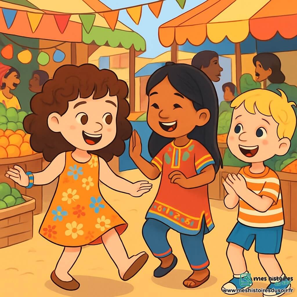 Léa, une petite fille de 8 ans aux cheveux bruns bouclés et aux yeux curieux, danse joyeusement dans un marché coloré, souriante. Elle porte une robe à motifs floraux et un bracelet multicolore qu'elle a fabriqué. À ses côtés, Amira, 7 ans, aux cheveux noirs lisses et vêtue d'une tunique traditionnelle, rit en lui montrant des pas de danse. Non loin, Noé, 8 ans, avec des cheveux blonds et des taches de rousseur, applaudit en essayant de suivre le rythme. Le marché est animé, rempli de stands de fruits et légumes, avec des guirlandes colorées et des gens de différentes origines discutant joyeusement. Léa, Amira et Noé dansent ensemble, célébrant la diversité et l'amitié dans une ambiance festive.