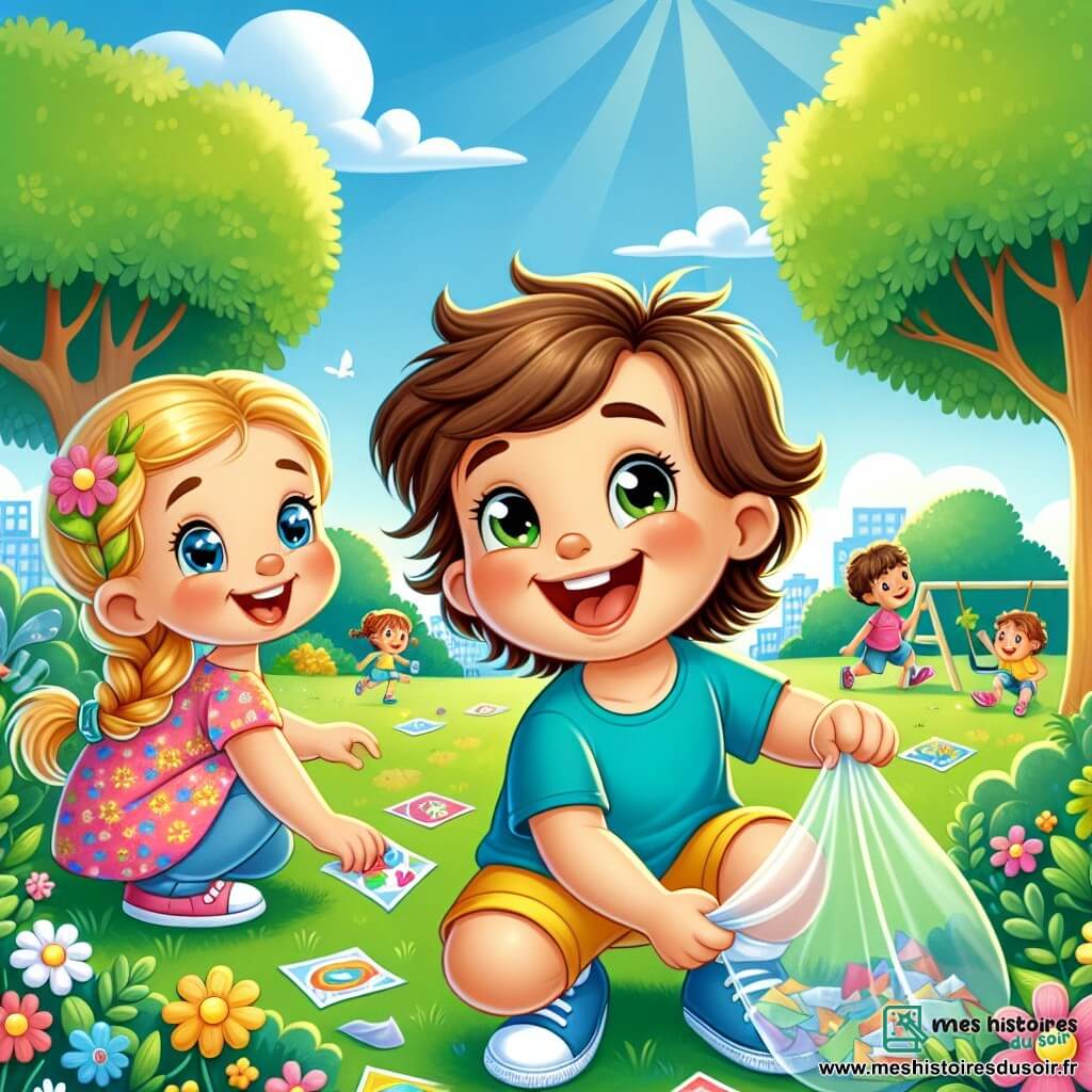 Un petit garçon de 2 ans, Léo, avec des cheveux bruns en bataille et un sourire éclatant, est accroupi sur l'herbe du parc. Il porte un t-shirt bleu et un short jaune, ses yeux brillent de joie alors qu'il ramasse un papier coloré. À côté de lui, une petite fille de 3 ans, aux cheveux blonds tressés et en robe rose à fleurs, l'observe en souriant, tenant un sac pour collecter les déchets. Le parc est rempli d'arbres, de fleurs et d'un ciel bleu clair. Léo et la petite fille ramassent des papiers, rendant le parc propre et joyeux tout en riant ensemble.