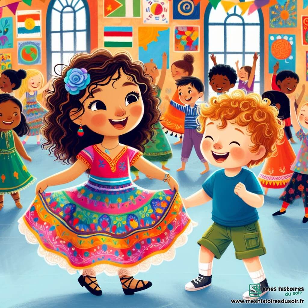 Dans une grande salle colorée du centre culturel, Lila, une petite fille de 4 ans aux cheveux bruns et bouclés, danse joyeusement avec un grand sourire. Elle porte une robe multicolore qui virevolte autour d'elle. À ses côtés, Sacha, un garçon de 5 ans aux cheveux bouclés et à la peau claire, rit en imitant ses mouvements. Le lieu est décoré de dessins représentant des cultures du monde, et des enfants de différentes origines dansent ensemble, créant une atmosphère festive. Lila et Sacha dansent entourés d'autres enfants, célébrant la diversité à travers la danse et la joie.