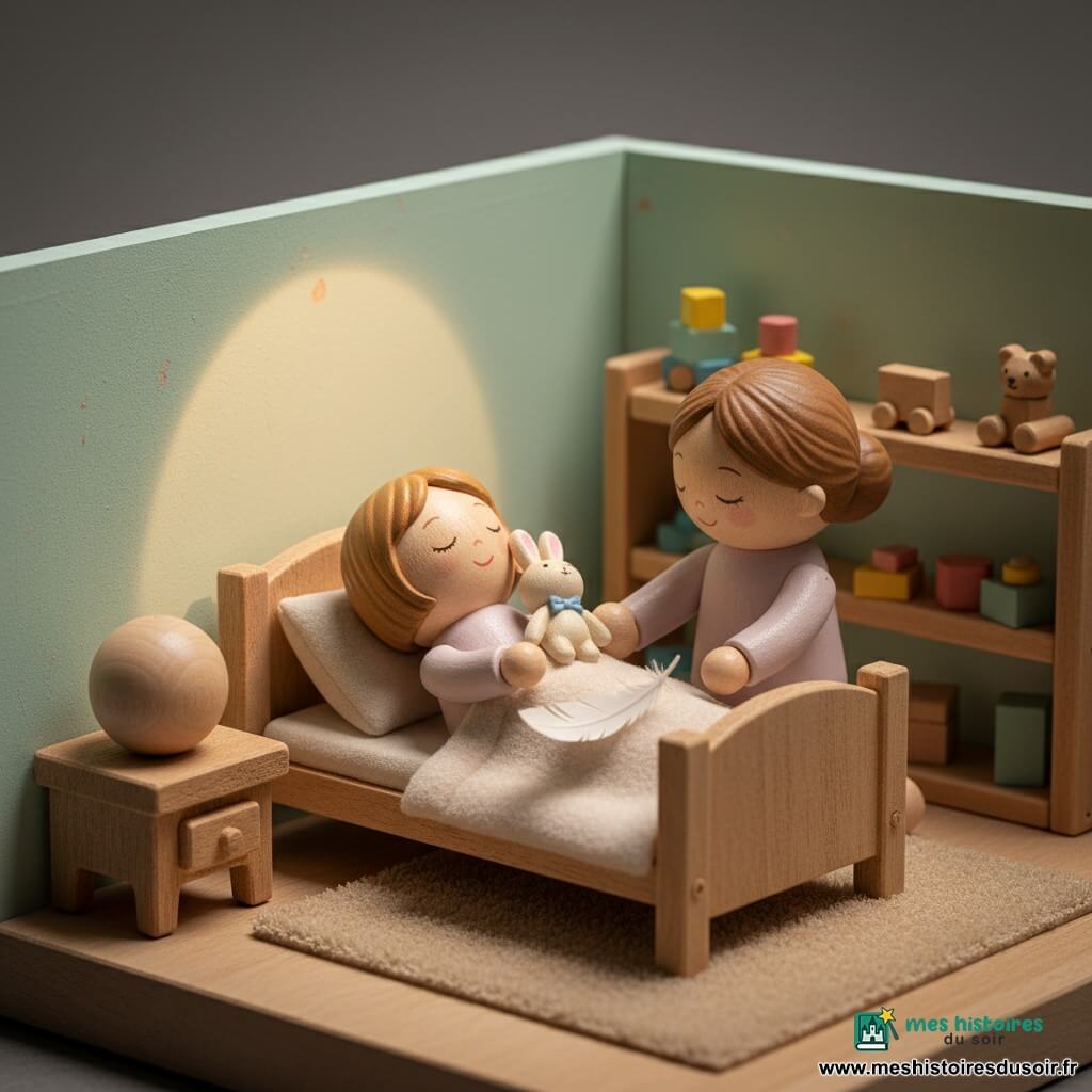 Une fillette de 4 ans, yeux mi-clos et visage apaisé, cheveux châtain clair en coupe droite, joueuse et calme, allongée sur un petit lit en bois enserrant un doudou lapin crème, sa mère d'environ 32 ans, cheveux en chignon bas et sourire tendre, assise à droite au bord du lit la main posée près de la sienne pour rassurer ; un doudou lapin crème avec un petit ruban bleu près du visage, une veilleuse ronde sur une table de chevet en bois émettant une lumière dorée douce qui projette un cercle chaud sur le mur menthe pâle, tapis beige, étagère basse avec jouets en bois, couverture nuageuse sur le lit ; moment de coucher zen illustré par une plume blanche flottant au-dessus du ventre de la fillette, ambiance tamisée, textures bois, tissu et peluche visibles, palette douce crème, pastel et doré avec éclairage chaleureux centré sur le lit.