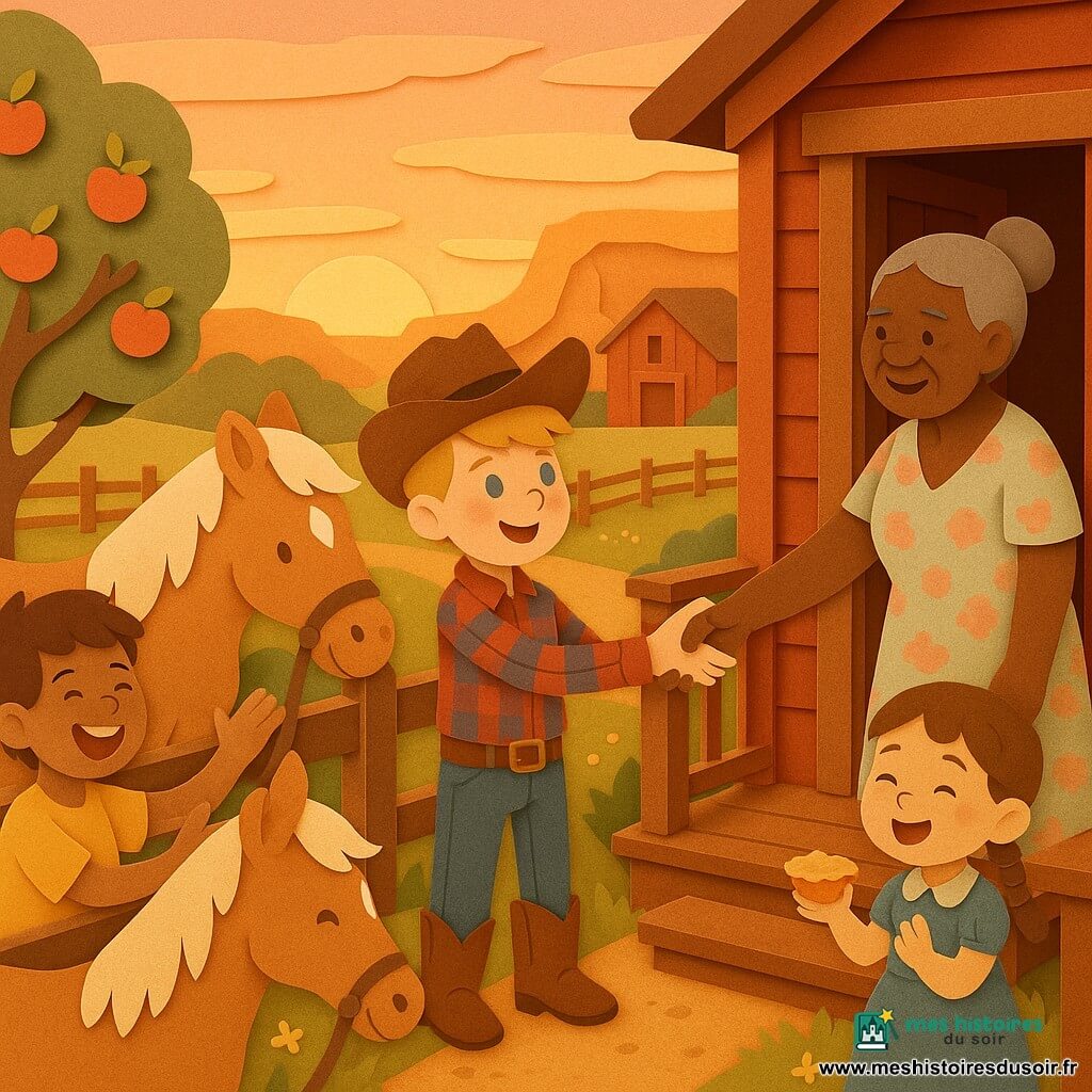 Jack, un jeune cow-boy au grand cœur au visage rond, cheveux blonds courts et yeux bleus, chapeau marron, chemise à carreaux rouge et bleu et bottes en cuir, se tient près de sa jument Belle, tendant la main à Mary Fletcher; Mary, femme d'environ 60 ans aux cheveux gris en chignon et visage ridé mais souriant, porte une robe à fleurs pastel et accepte la poignée de main devant la porte en bois de la ferme; un garçon Fletcher d'environ 8 ans, cheveux châtains et t-shirt jaune, rit en caressant la jument près d'un pommier à gauche; une fille Fletcher d'environ 6 ans, en robe bleue et tresses brunes, tient une petite tarte imaginaire près de la table de ferme à droite; Belle est une jument caramel à crinière blanche et étoile sur le front, attachée à une barrière; la ferme rouge au-delà d'un canyon, champs verts, pommiers et chemin de terre sont baignés d'un coucher de soleil rose-orangé; scène réconciliatrice et chaleureuse au style papier découpé avec couches superposées et ombres douces.