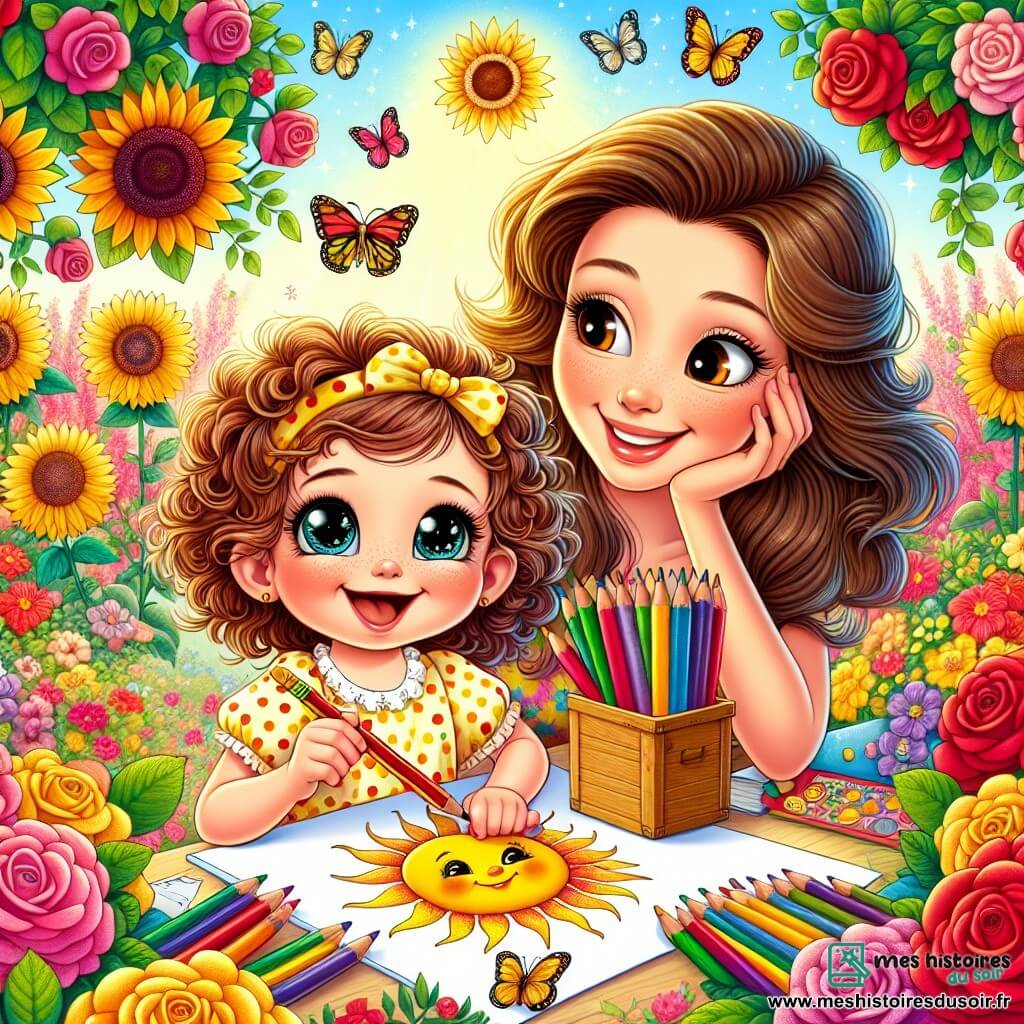 Une petite fille de 5 ans, Lila, avec de grands yeux pétillants et des cheveux bouclés, est assise dans un jardin coloré, entourée de fleurs éclatantes. Elle porte une robe jaune à pois et sourit, tenant des crayons de couleur, prête à dessiner. Sa maman, une femme d'une trentaine d'années avec des cheveux longs et bruns, sourit en la regardant, tenant un livre d'histoires. Le jardin est rempli de couleurs vives : des roses rouges, des tournesols dorés et des papillons. Au fond, une grande boîte en bois déborde de fournitures artistiques. Lila dessine un grand soleil sur une feuille de papier, tandis que sa maman l'encourage avec un regard chaleureux, créant une atmosphère joyeuse.