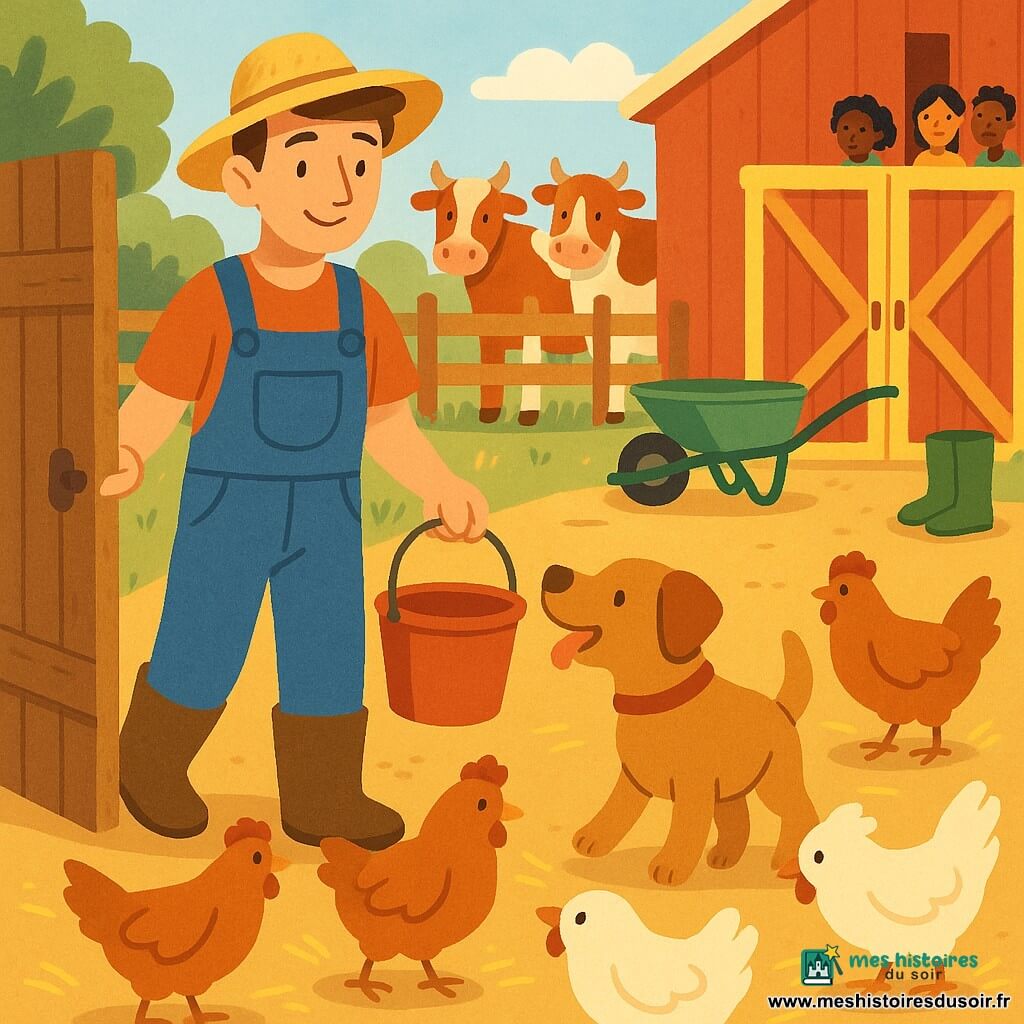 Léo, un jeune homme d'environ 25 ans souriant et serein en salopette et chapeau de paille, ouvre la porte de la cour en tenant un seau rouge tandis que son chien Pistache remue la queue, des poules picorent près d'un tas de paille et deux vaches paissent derrière une barrière dans une cour de ferme ensoleillée.