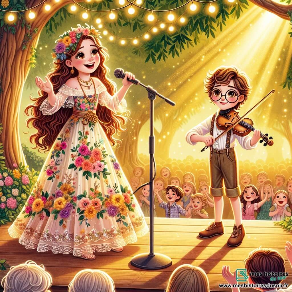 Clara, une jeune femme aux cheveux longs et ondulés, vêtue d'une robe colorée ornée de fleurs, chante avec passion sur une scène en bois, tandis que Léo, un garçon de dix ans avec des lunettes rondes, joue du violon à ses côtés. Ils se trouvent dans un parc enchanteur, baigné de lumière dorée au coucher du soleil, entourés d'une foule joyeuse qui applaudit et sourit, captivée par leur mélodie. Clara et Léo partagent un moment de bonheur et d'harmonie, célébrant la magie de leur chanson ensemble.