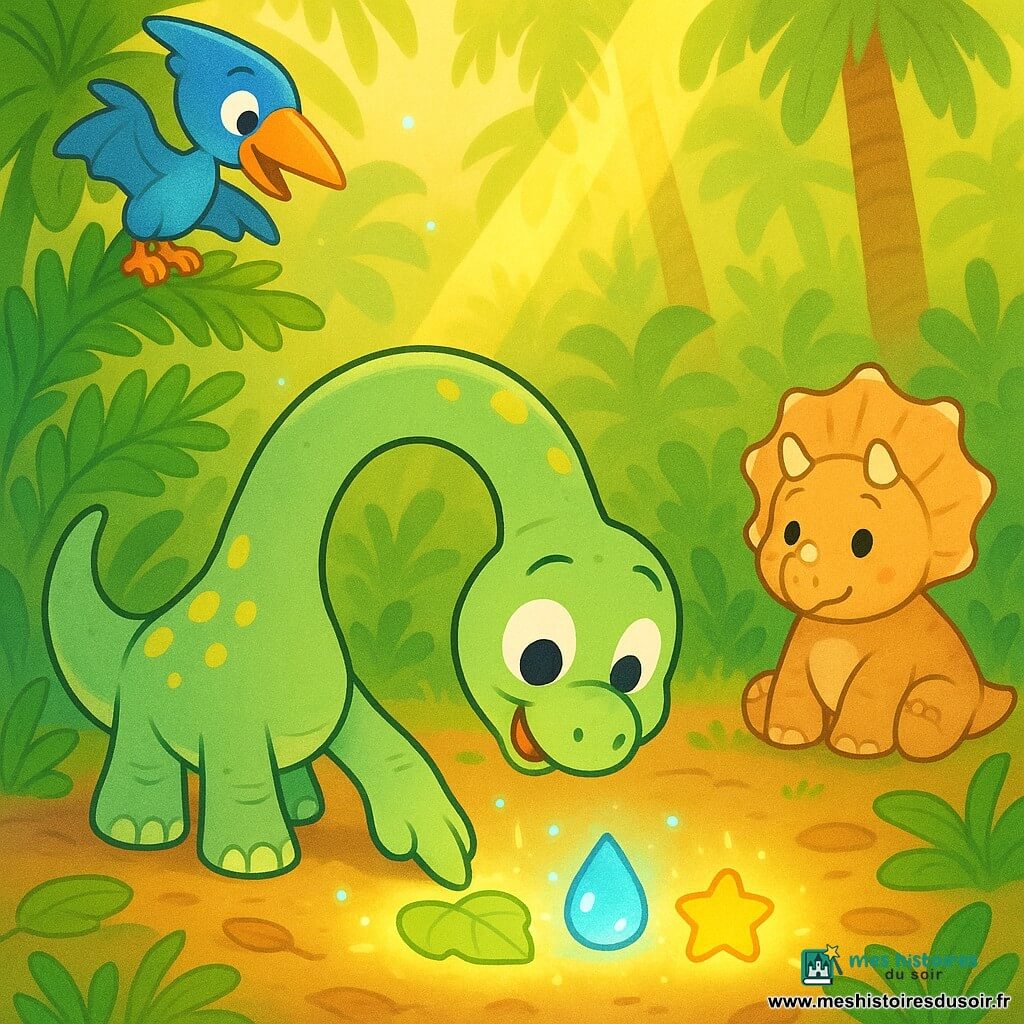 Un petit diplodocus souriant et curieux au long cou souple, peau vert pâle tachetée de jaune, se penche pour toucher de sa patte avant trois traces lumineuses sur le sol — une feuille verte, une goutte d'eau bleue et une petite étoile dorée — tandis qu'un tricératops ami, plus petit, cuirasse beige rosée et cornes courtes, assis derrière à droite, l'observe calmement, et qu'un pterodactyle joueur au plumage bleu vif, ailes repliées, perché sur une fougère à gauche, pointe du bec vers les marques; la scène se déroule dans une clairière chaude entourée de fougères géantes et de palmiers, sol mou couvert de feuilles, rayons de soleil dorés et gouttes de rosée scintillantes, ambiance douce et magique, couleurs vives, formes rondes et composition simple pour un enfant.