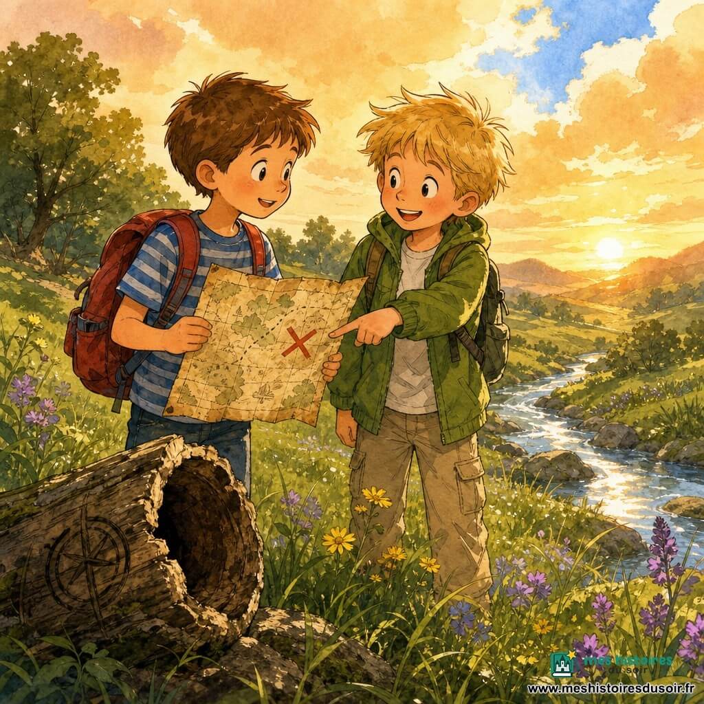 Deux garçons de 8 ans, Julien (cheveux châtains courts, t-shirt rayé bleu, sac à dos rouge) à gauche tenant une vieille carte et Maxime (cheveux blonds en bataille, veste verte, pantalon beige) à droite souriant et pointant un grand X rouge sur la carte, se tiennent dans une clairière au sommet d’une colline aux herbes vertes et fleurs jaunes et mauves, près d’un vieux tronc creux gravé et d’un ruisseau scintillant sous un ciel doux avec un coin de bleu, baignés par la lumière dorée du coucher de soleil ; style encre colorée avec traits nets, aquarelle légère et couleurs chaudes aux contrastes doux.