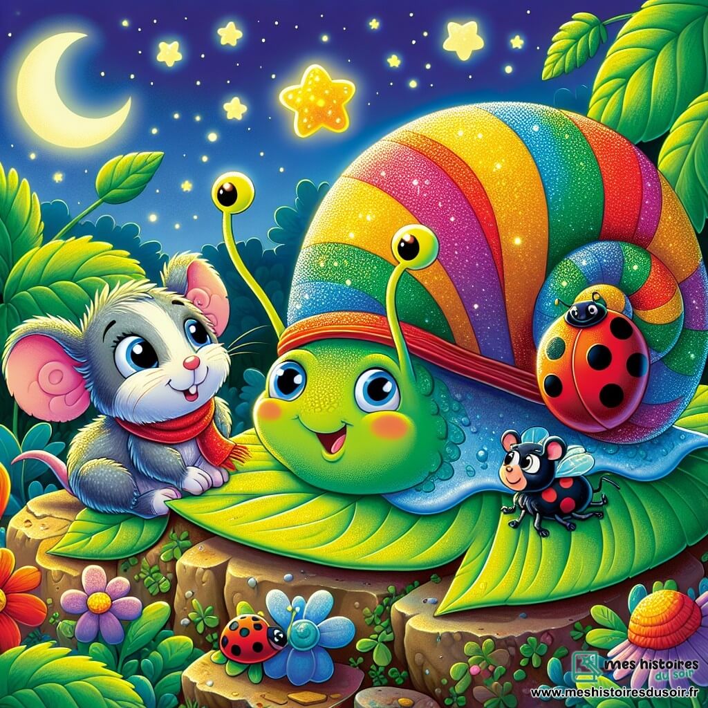 Un petit escargot nommé Lino, avec une coquille brillante et rayée, glisse lentement sur une feuille verte, ses grands yeux ronds pétillants d'excitation. À côté de lui, Momo la souris, avec son pelage doux et une écharpe rouge, l'observe avec un sourire curieux, tandis que Zoé la coccinelle, avec son dos rouge parsemé de points noirs, vole joyeusement autour d'eux. La scène se déroule près d'un vieux rocher recouvert de mousse, entouré de fleurs colorées et de feuilles scintillantes sous la lumière de la lune. Les étoiles brillent dans le ciel nocturne, créant une atmosphère magique. Lino et ses amis découvrent un trèfle aux quatre feuilles, illuminé par une douce lueur dorée, symbole d'amitié et d'aventure.