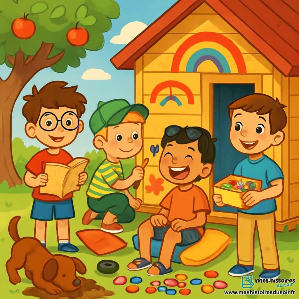 Quatre enfants se trouvent dans un jardin ensoleillé : Max, 8 ans, avec des cheveux bruns en bataille et des lunettes rondes, porte un t-shirt rouge et un short bleu, tenant un vieux carnet de croquis ; Léo, aussi 8 ans, a des cheveux blonds et des taches de rousseur, il est accroupi en train de peindre un mur de la cabane ; Hugo, 8 ans, avec des cheveux noirs et des lunettes de soleil sur le front, rit en étant assis sur un coussin ; Tom, 8 ans, souriant, tient une boîte de bonbons. Ils célèbrent une fête secrète dans leur cabane colorée, entourés de bonbons et de rires, avec leur chien Bouboule qui creuse dans le jardin, créant une ambiance de camaraderie et d'aventure.