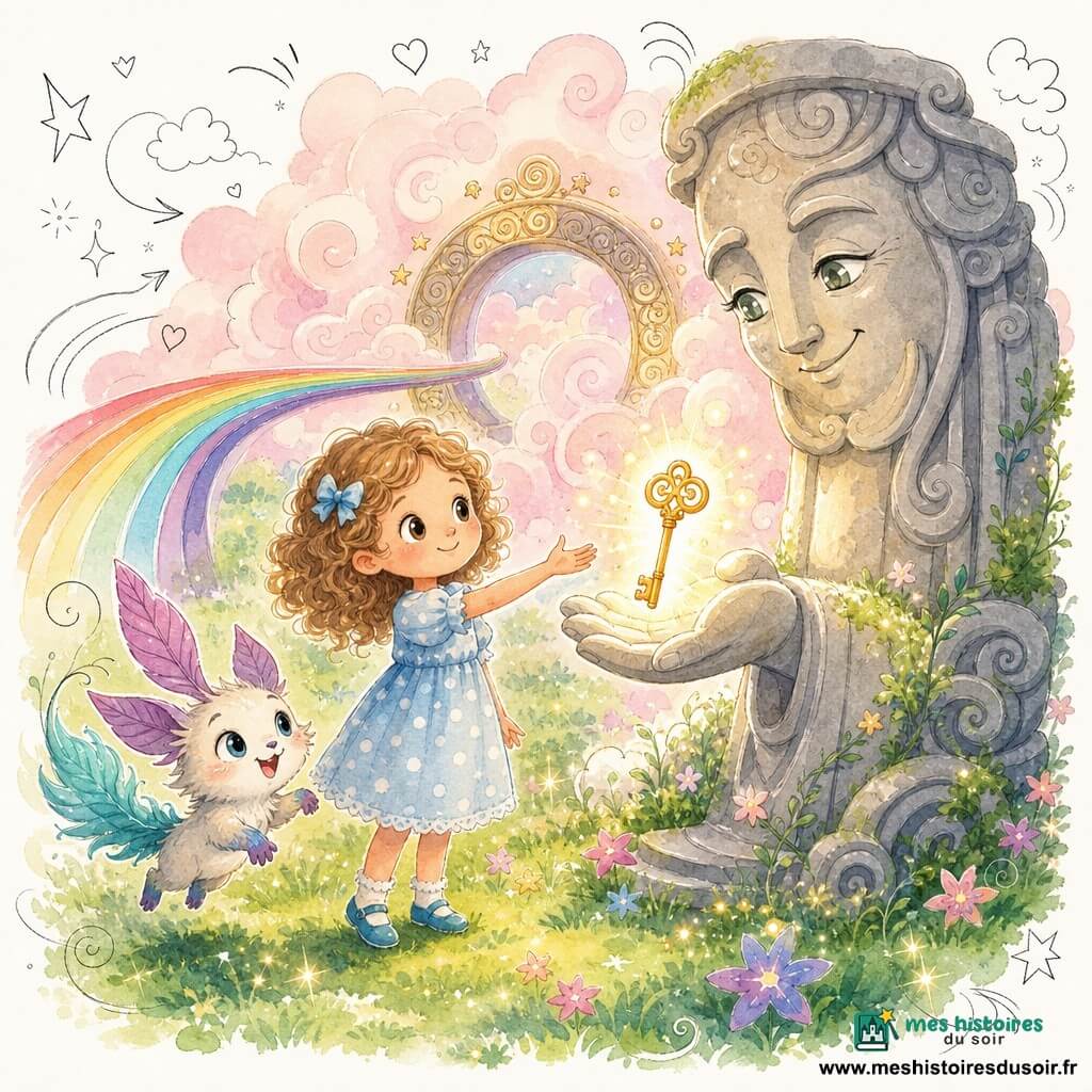 Lina, 4 ans, émerveillée, cheveux bouclés châtain clair, robe à pois bleu ciel, tend la main vers une petite clé de lumière dorée tenue par le Gardien Sourire, grande statue-pilier au visage bienveillant et yeux argentés, devant un cercle de brouillard rose pâle; Plume-Feuille, petit guide non humain à queue plume turquoise et oreilles feuille violettes, saute à côté d’elle sur l’herbe mousseuse; en arrière-plan un pont arc-en-ciel formé de rubans colorés traverse une prairie scintillante parsemée d’herbe verte brillante et de fleurs étoilées; le brouillard tourbillonne autour d’un portail rond décoré de spirales dorées; lumière chaude et douce, palette pastel riche (bleus, roses, verts, ors), textures papier et aquarelle, style jeunesse simple et expressif, avec petits doodles (étoiles, cœurs, flèches, notes de musique).
