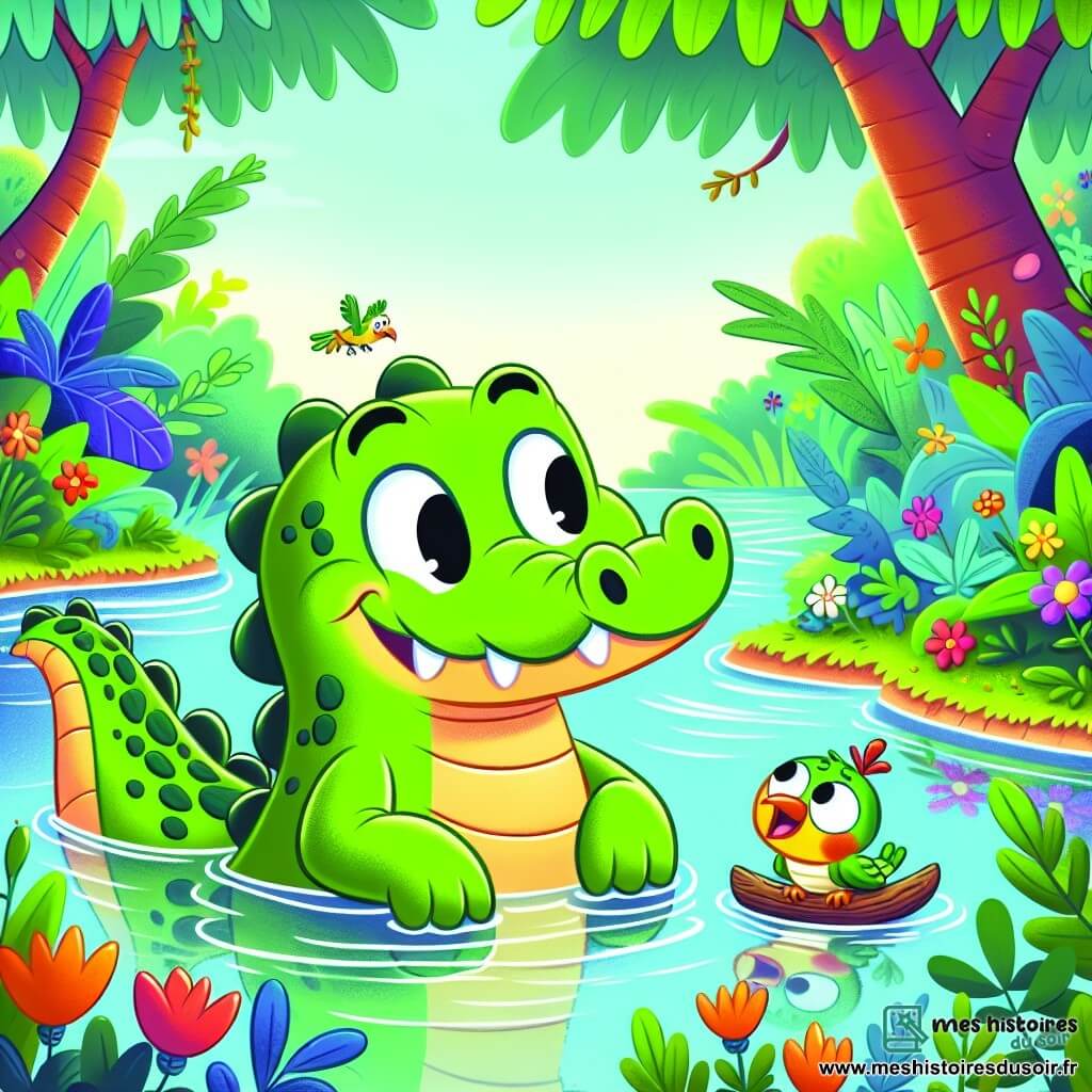 Un crocodile nommé Kiki, avec une peau verte brillante et des yeux curieux, nage joyeusement dans une rivière entourée de feuillage luxuriant. Il sourit amicalement. À ses côtés, un petit oiseau coloré, avec une aile légèrement bandée, se tient sur son dos, émerveillé par son environnement. La scène se déroule dans une jungle vibrante, où des fleurs éclatantes et des arbres majestueux se reflètent dans l'eau claire. Kiki et l'oiseau explorent ensemble, symbolisant leur nouvelle amitié et découvrant les merveilles de la jungle.