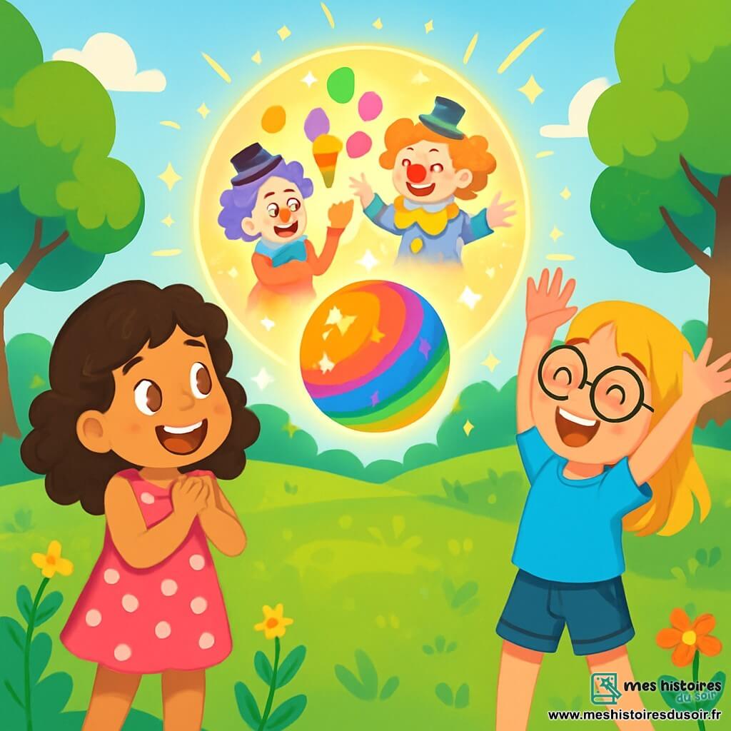 Il y a deux personnages principaux : Lola, une fille de 8 ans aux cheveux bruns et bouclés, portant une robe rose à pois blancs, qui regarde la balle magique avec émerveillement, et Mia, une fille de 8 ans aux cheveux blonds et lisses, en t-shirt bleu et short en jean, prête à lancer la balle en l'air. L'histoire se déroule dans un parc ensoleillé avec des arbres verts, des fleurs colorées et une pelouse bien entretenue. Au centre, une grande balle magique, brillante et multicolore, scintille sous le soleil, entourée de lumière. Lola et Mia découvrent la balle magique qui les transporte dans un monde de clowns et de glaces, riant aux éclats devant les clowns jonglant avec des glaces colorées.