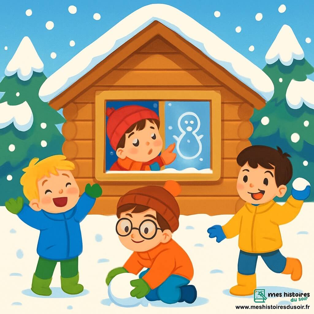 Quatre enfants jouent dans la neige : Tom, 8 ans, avec des cheveux bruns, un bonnet rouge et une écharpe à rayures, souffle sur la fenêtre d'un chalet en dessinant un bonhomme de neige ; Sami, 7 ans, aux cheveux blonds et joues roses, porte un manteau bleu et admire la neige qui tombe ; Hugo, 6 ans, avec des cheveux châtains et des lunettes, ramasse de la neige pour faire une boule ; Paul, 7 ans, aux cheveux noirs et sourire malicieux, se prépare à lancer une boule de neige. Ils sont dans un chalet en bois, entouré de sapins enneigés, sous un ciel bleu éclatant, avec une atmosphère magique.