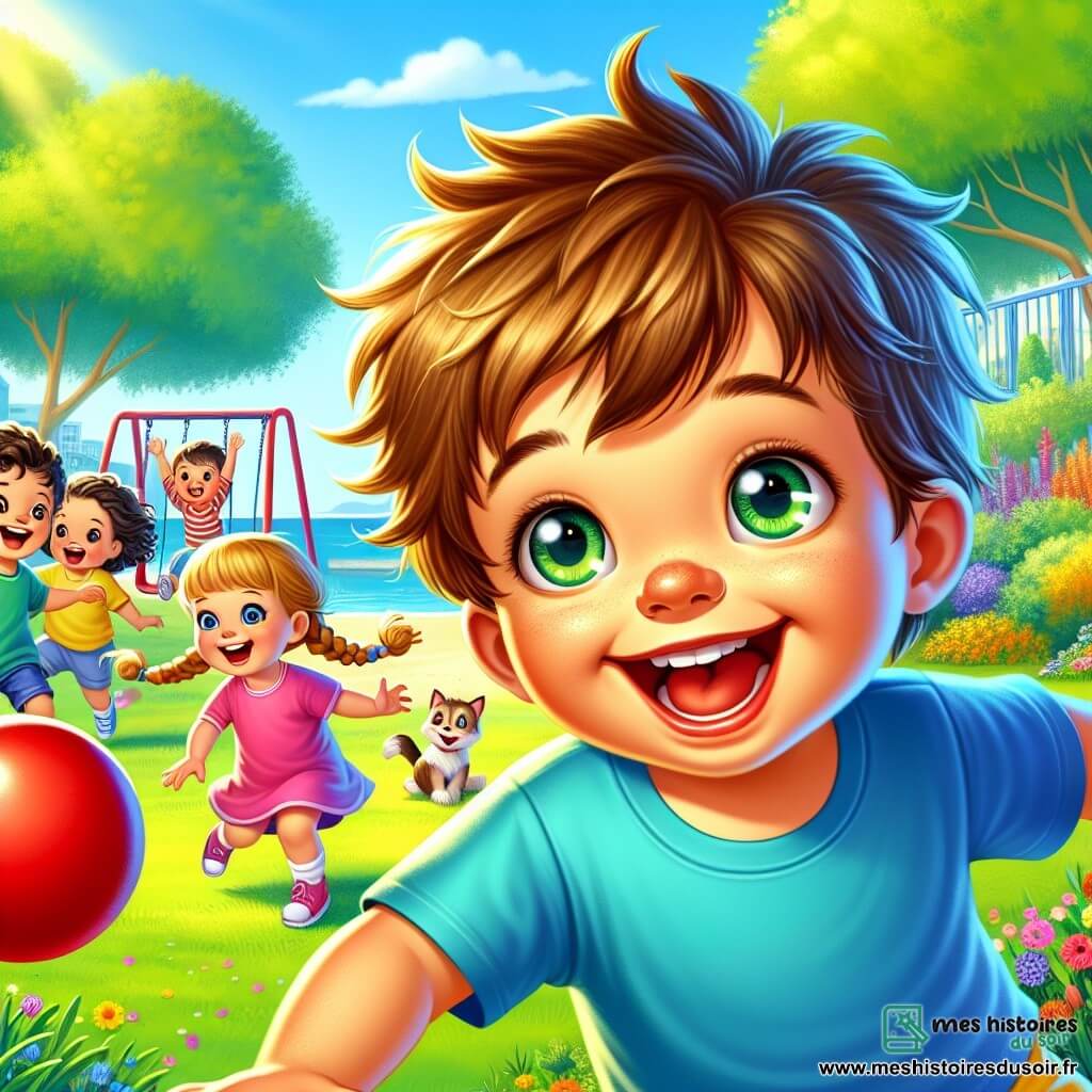 Léo, un petit garçon de 2 ans aux cheveux bruns en désordre et aux yeux pétillants, court après un ballon rouge dans un parc ensoleillé. Il porte un t-shirt bleu et un short jaune, affichant un grand bonheur. Mia, une fille de 3 ans avec des cheveux blonds tressés et une robe rose, sourit en tenant le ballon qu'elle a rattrapé. Tom, un garçon de 4 ans avec des lunettes et un t-shirt vert, saute de joie, tandis que Zoe, une fille de 3 ans aux cheveux bouclés et t-shirt violet, applaudit en riant. Le parc est rempli de fleurs colorées et d'arbres verts, avec des enfants jouant sur des balançoires au loin. Léo et ses amis s'amusent ensemble, illustrant l'importance de l'amitié et du partage.