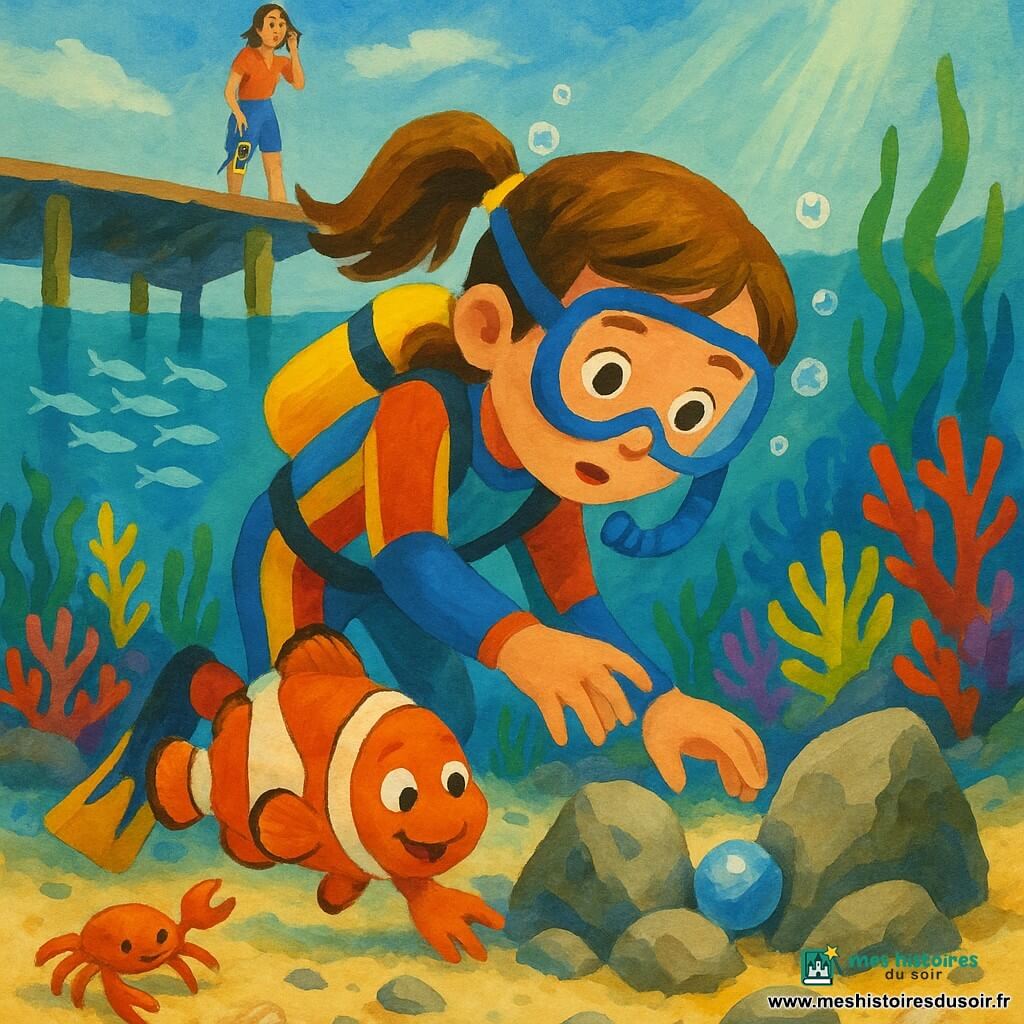 Une fillette de 8 ans, émue et concentrée, cheveux châtains attachés en queue de cheval, en petite combinaison de plongée, tend la main pour saisir une perle bleue coincée entre deux cailloux ; un poisson-clown orange et blanc pousse le sable autour de la perle et un petit crabe roux repousse un caillou devant elle. Sa mère, une femme d’environ 35 ans, se tient sur un vieux ponton en bois, masque et tuba à la main, inquiète mais rassurante. Le décor est une crique sous-marine lumineuse avec coraux rouges, jaunes et violets, algues vertes en rubans, bancs de poissons argentés, rayons de soleil dans l’eau turquoise, sable fin parsemé de petits cailloux et d’une coquille, et une bulle d’air qui remonte ; scène douce et aventureuse, aux textures de gouache, traits légèrement naïfs et contours doux.
