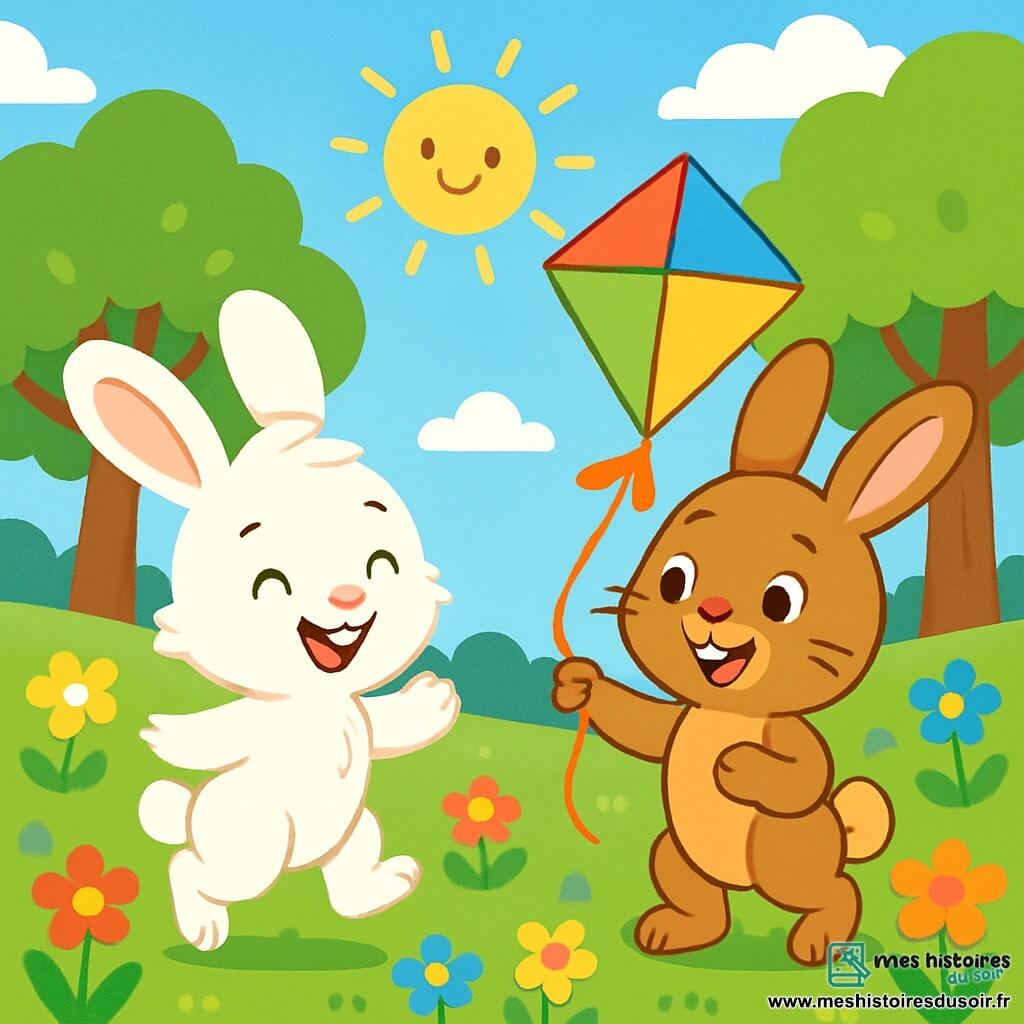 Un petit lapin blanc nommé Léo, avec de grandes oreilles et un pelage doux, saute joyeusement dans un jardin fleuri. À côté de lui, une lapine brune appelée Mila, avec des yeux pétillants et un sourire éclatant, tient un cerf-volant coloré. Le jardin est rempli de fleurs multicolores, de grands arbres verdoyants et d'un ciel bleu, créant une atmosphère ensoleillée. Léo et Mila s'apprêtent à faire voler leur cerf-volant ensemble, symbolisant l'amitié et les aventures d'été.