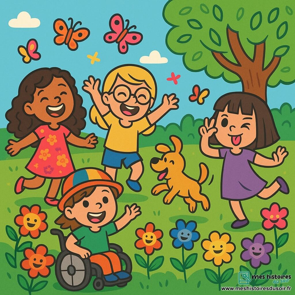 Il y a 5 personnages : Clara, une fille de 8 ans aux cheveux bouclés et sourire éclatant, porte une robe rose à fleurs et se tient à gauche en riant. Chloé, 7 ans, cheveux blonds et lunettes, porte un t-shirt jaune et un short bleu, elle est au centre en train de danser. Emma, 8 ans, cheveux bruns et frange, porte une robe violette et fait des grimaces à droite, sur une jambe. Sara, 7 ans en fauteuil roulant, cheveux châtains et chapeau coloré, porte un t-shirt vert et sourit au premier plan. Lulu, un petit chien doré, saute joyeusement au milieu des filles. Le lieu est un jardin magique avec des fleurs colorées, un ciel bleu éclatant et des papillons. Les amies dansent et rient ensemble, entourées de fleurs chantantes, tandis que Lulu crée une scène joyeuse et magique.