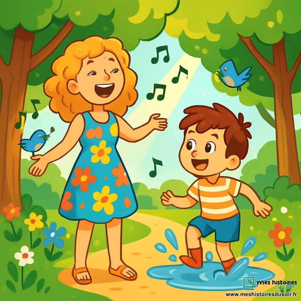 Lila, une jeune femme souriante aux cheveux bouclés et dorés, porte une robe colorée à fleurs et des sandales. Elle chante joyeusement, les bras ouverts, sur un chemin bordé d'arbres. À ses côtés, Malo, un petit garçon de 7 ans avec des cheveux bruns en bataille, saute dans une flaque d'eau, éclaboussant autour de lui tout en admirant Lila. Ils se trouvent dans un parc ensoleillé, rempli de fleurs et d'oiseaux chantants, avec des rayons de soleil filtrant à travers les feuilles. Lila et Malo discutent et partagent des idées de chansons, entourés par la beauté de la nature, avec des notes de musique flottant autour d'eux.