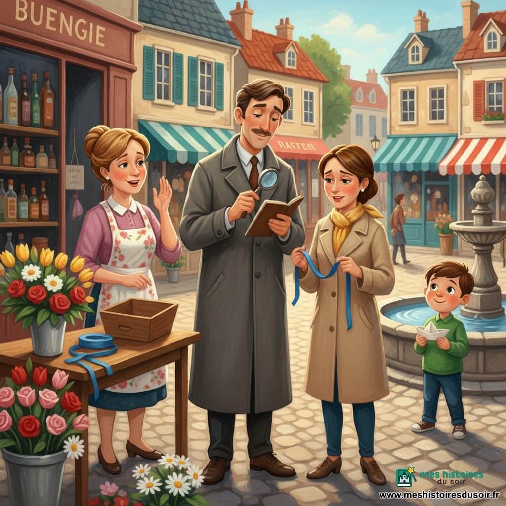 Léo, détective serein et bienveillant à la moustache légère, manteau gris, carnet et loupe, examine un ruban bleu près d’un étal de fleuriste; Madame Brune, cinquantaine, chignon et tablier à fleurs, tient une boîte en bois vide à sa gauche, Clara, trente ans, manteau beige et foulard jaune, tient le ruban déroulé devant la boutique, et Tom, garçon de 7 ans en chemise verte, sourit timidement avec un petit bateau en papier près de la fontaine sur la place pavée bordée de boutiques colorées et de fleurs vives; lumière douce du matin, texture d’acrylique aux coups de pinceau épais, scène apaisée de restitution du ruban, pardon et amitié retrouvée.