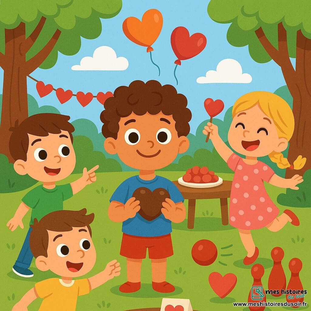 Quatre enfants sont présents : Léo, un garçon de 8 ans avec des cheveux bouclés, souriant au centre, tenant un cœur en chocolat ; Max, 7 ans, à gauche de Léo, montrant une guirlande de cœurs en papier ; Lula, 7 ans, à droite de Léo, sautillant avec un bonbon en forme de cœur ; et Tom, 8 ans, légèrement en arrière, lançant une quille en forme de cœur. La scène se déroule dans un parc coloré avec des arbres décorés de guirlandes, des tables de bonbons et des enfants jouant. Ils s'amusent à un jeu de quilles en forme de cœur, célébrant l'amitié et la Saint-Valentin.