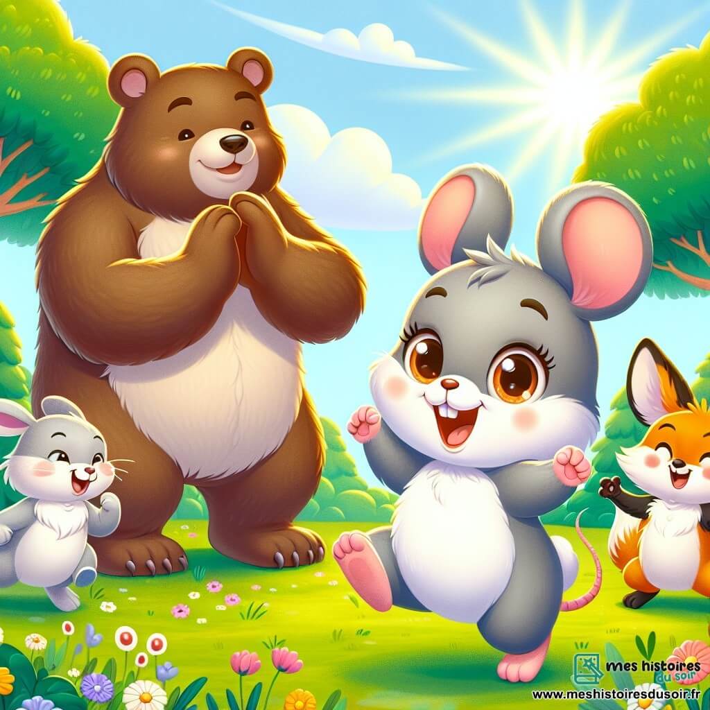Une petite souris nommée Mimi, au pelage gris et aux yeux malicieux, saute joyeusement dans une clairière ensoleillée, souriante. À ses côtés, un ours brun nommé Bruno applaudit en riant, tandis qu'un lapin blanc, Coco, bondit avec enthousiasme. Un renard rusé, Rémy, se tient en arrière-plan, riant de la situation. La clairière est entourée d'arbres verts et de fleurs colorées, sous un ciel bleu parsemé de nuages. Mimi tombe doucement sur son nez, provoquant des rires chez les autres animaux, créant une atmosphère joyeuse.