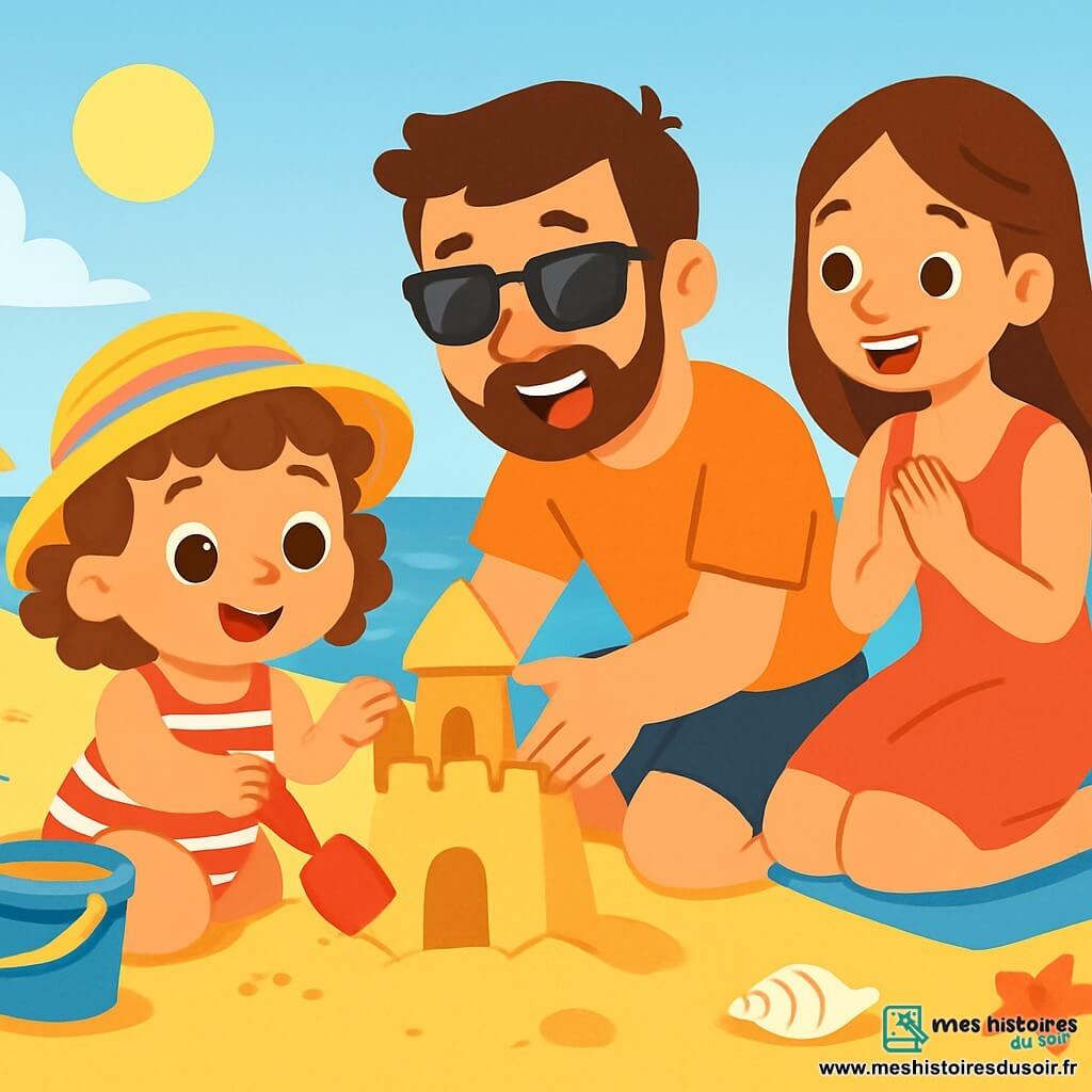 Une petite fille de 2 ans, Lina, avec de grands yeux brillants et un sourire radieux, construit un château de sable sur la plage. Elle a des cheveux bouclés et porte un chapeau de paille coloré et un maillot de bain à rayures. À côté d'elle, son papa l'aide à façonner le château, riant joyeusement. Sa maman les regarde en souriant, assise sur une serviette de plage. Le lieu est une plage ensoleillée avec des vagues douces, des parasols colorés et des coquillages sur le sable doré. Lina est concentrée et heureuse, utilisant un seau et une pelle pour créer des tours de sable, tandis que son papa l'encourage et sa maman applaudit leur création.