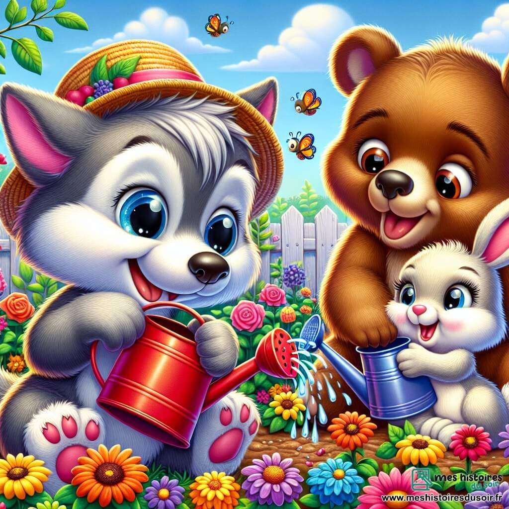 Loupi, un petit loup aux poils gris et aux grands yeux pétillants, arrose des fleurs colorées avec un arrosoir rouge. Il porte un chapeau de paille. À ses côtés, Monsieur Ours, un grand ours brun au pelage soyeux, tient un arrosoir bleu et regarde Loupi avec fierté. Madame Lapin, une petite lapine blanche aux grandes oreilles, plante des graines près de Loupi. Le jardin communautaire est vibrant, rempli de fleurs éclatantes et de plantes verdoyantes, avec des abeilles bourdonnant dans l'air chaud de l'été. Loupi, Monsieur Ours et Madame Lapin travaillent ensemble joyeusement pour créer un jardin coloré sous un ciel ensoleillé.