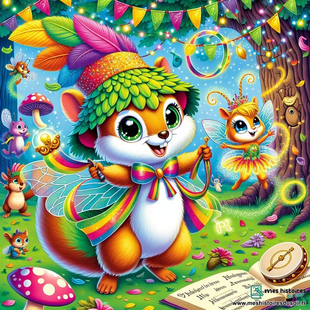 Pistache, un écureuil volant au pelage vert pistache, se tient au centre de la scène, les yeux pétillants et un grand sourire. Il porte un chapeau à plumes multicolores et une cape arc-en-ciel. À ses côtés, Luminette, une luciole lumineuse avec un tutu en toile d’araignée, brille et ses antennes dansent joyeusement. Le décor est la place du Grand Chêne, ornée de banderoles de feuilles de hêtre, de guirlandes de fleurs et de créatures dansant. Des tambourins résonnent et des champignons chanteurs ajoutent une touche musicale. Pistache, tenant une clé dorée, est sur le point d’ouvrir une serrure gravée à la base du Grand Chêne, tandis que des confettis phosphorescents tourbillonnent autour de lui.