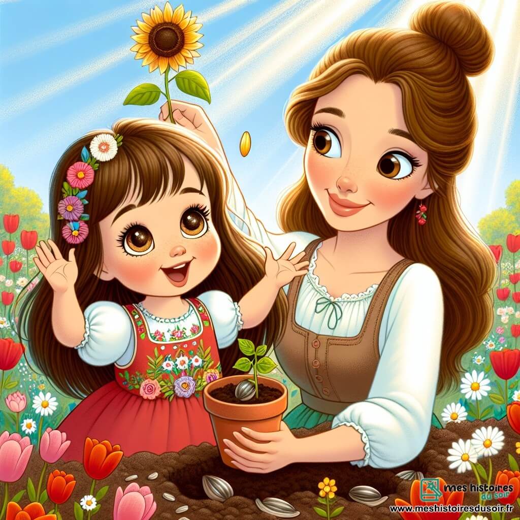 Léa, une petite fille de 6 ans aux longs cheveux bruns et aux yeux curieux, sourit en tenant un pot de terre avec une graine de tournesol, prête à la planter. À ses côtés, sa maman, une femme d'une trentaine d'années avec des cheveux châtains en chignon, l'aide à préparer la terre. Le jardin est rempli de fleurs colorées et baigné de soleil, créant une atmosphère joyeuse et printanière. Ensemble, elles plantent des graines, symbolisant le renouveau et la magie de la nature.