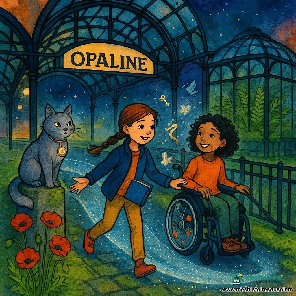 Trois personnages traversent une passerelle magique argentée et légèrement translucide dans la gare victorienne Opaline sous une grande verrière : Zoé, 10 ans, cheveux châtains en tresse, veste bleu nuit, tenant un petit carnet bleu brillant et marchant en avant à gauche ; Lila, 9 ans, cheveux bouclés noirs, souriante, en fauteuil roulant léger aux roues décorées de stickers floraux à droite de Zoé, une main sur la rambarde ; et Monsieur Pattes-de-Velours, grand chat gris anthropomorphe au pelage doux avec une montre gousset au collier, perché sur une pierre à l’entrée de la passerelle et regardant malicieusement les filles. La gare a des quais en pavés moussus parsemés de coquelicots, une serre aux fougères derrière une rambarde et la passerelle, suspendue au‑dessus d’un quai envahi de mousse, scintille de points lumineux et de micro-images de rêves (oiseaux, clés, écharpes) tandis que les roues glissent comme sur du verre, dans une nuit douce aux contrastes d’encre et touches de bleu, vert et doré.