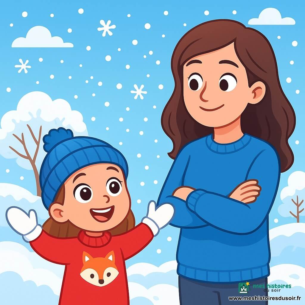 Une petite fille de 6 ans, Margot, avec de grands yeux pétillants et un sourire radieux, est debout dans un jardin enneigé. Elle porte un pull rouge avec un renard, un bonnet en laine bleu et des moufles blanches, levant les bras, émerveillée par les flocons de neige qui tombent. À côté d'elle, sa maman, une femme d'une trentaine d'années avec des cheveux bruns et un grand pull bleu, sourit en la regardant, dans une posture protectrice. Le jardin est recouvert de neige éclatante, avec des arbres chargés de flocons et un pommier au fond. Le ciel est bleu clair avec des nuages. Margot découvre la magie de l'hiver, émerveillée par la beauté de la neige.