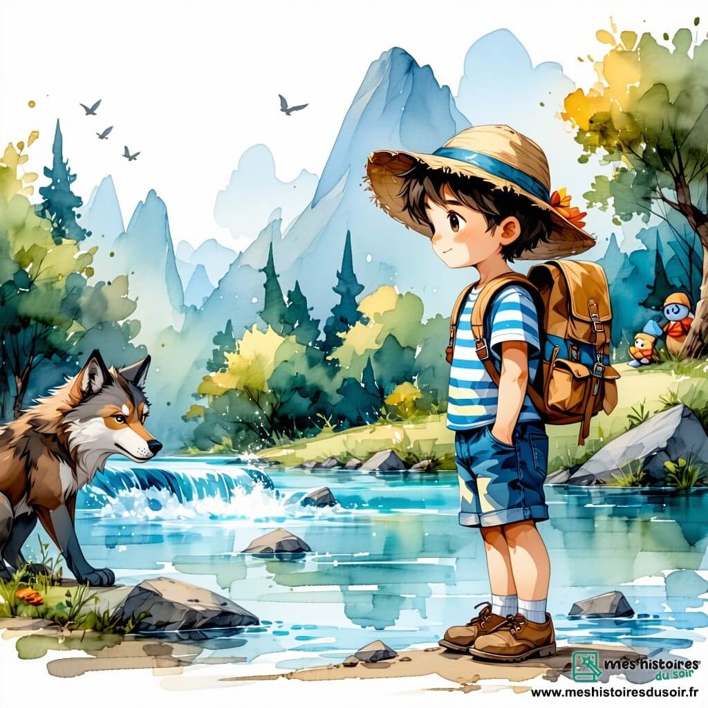 Un garçon de 11 ans, Émile, se tient au bord d'une rivière, émerveillé et appréhensif. Il a des cheveux châtains en bataille, un chapeau de paille trop grand et un sac à dos coloré. Émile porte un t-shirt rayé et des shorts en jean, ses mains tremblent légèrement en voyant le grand méchant loup. À ses côtés, sa meilleure amie Lucie, 10 ans, avec des cheveux longs et bouclés, est vêtue d'une robe à fleurs et d'un gilet en jean. Elle est curieuse et excitée. Le décor est une forêt enchantée, avec des arbres majestueux et des fleurs colorées, créant une ambiance magique. Émile et Lucie rencontrent le grand méchant loup, qui, bien que imposant, dégage une aura de sagesse et de mélancolie, tandis qu'ils se préparent à écouter son histoire.