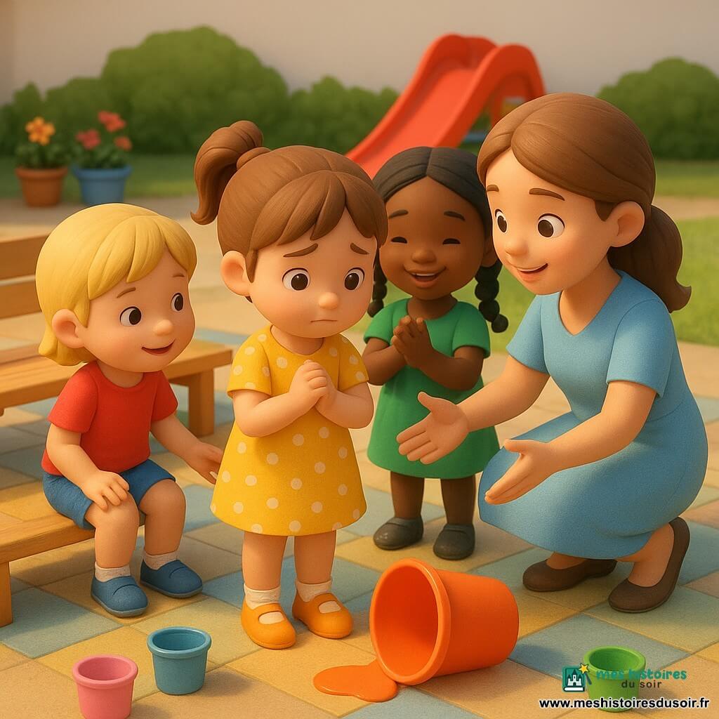 Cinq personnages dans une petite cour de crèche lumineuse : Zoé, 4 ans, cheveux bruns en couette, robe jaune à pois, mains jointes au centre, timide mais soulagée, près d’un pot en plastique renversé ; Lou, 4 ans, cheveux blonds courts, t-shirt rouge et short bleu, assise sur un banc à gauche, sourire encourageant et penchée vers Zoé ; Jade, 4 ans, cheveux noirs en nattes, robe verte, debout à droite du banc, applaudissant joyeusement ; Fatou, 4 ans, tresses, haut rose et jupe violette, debout derrière Zoé, main sur son épaule, rassurante ; Lison, institutrice dans la trentaine, cheveux châtain clair attachés, robe bleu pâle, accroupie devant Zoé, sourire chaleureux et bras ouverts. Sol en dalles colorées, petit toboggan rouge et banc peint en arrière-plan, quelques pots en plastique vides et fleurs, lumière douce de fin de matinée avec ombres longues ; atmosphère chaleureuse et pastel centrée sur l’aveu de Zoé et le soutien des autres.