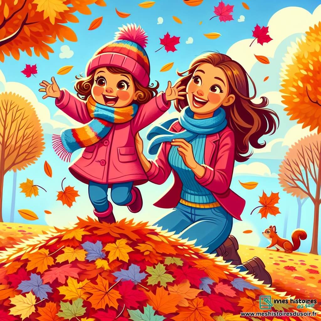 Une petite fille de 2 ans, aux cheveux bouclés châtains et aux yeux pétillants, saute dans un tas de feuilles d'automne colorées. Elle porte un manteau rose et un bonnet en laine, affichant un bonheur éclatant. À ses côtés, sa maman, une femme d'environ 30 ans avec des cheveux longs et bruns, sourit en la regardant, vêtue d'un pull bleu et d'une écharpe colorée, prête à jouer. Le parc est rempli d'arbres aux feuilles dorées, sous un ciel bleu clair avec des nuages blancs. La scène illustre la joie de la petite fille et de sa maman s'amusant ensemble dans les feuilles d'automne.