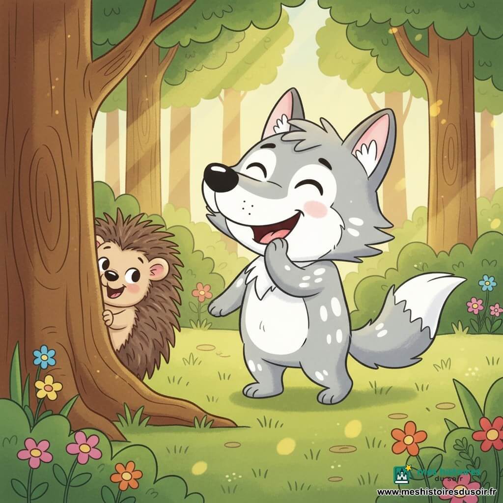 Loup joyeux au visage rond et doux, pelage gris clair avec taches blanches, grandes oreilles arrondies et queue en panache, riant les yeux plissés et comptant avec une patte devant la bouche ; petit hérisson timide mais heureux, épines brunes comme de petites brosses et yeux brillants, partiellement caché derrière un tronc d'arbre en montrant seulement son museau ; forêt verte et chaleureuse avec herbe douce, grands troncs texturés, fleurs colorées et rayons de soleil dorés ; scène de cache-cache ludique et tendre, couleurs pastel et contours doux, composition simple pour tout-petit.