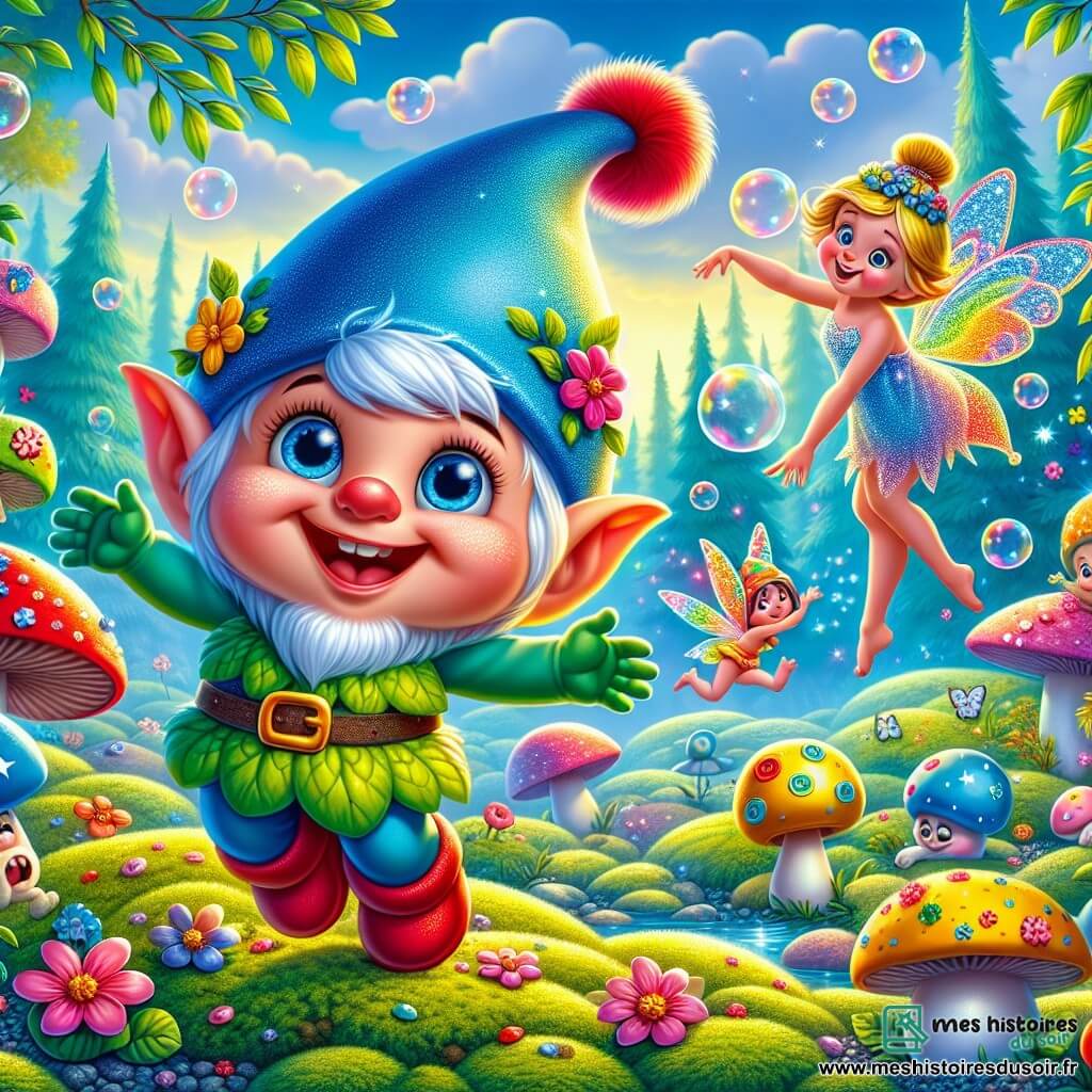 Un lutin nommé Zouzou, tout petit et vert avec un chapeau bleu orné d'une plume rouge, saute de joie sur un tapis de mousse. Son visage souriant et ses yeux pétillants montrent son excitation. À côté, Fanny la fée, avec ses cheveux dorés et ses ailes scintillantes, fait des pirouettes en riant, vêtue d'une robe rose pailletée, entourée de fleurs colorées. En arrière-plan, la forêt des Sapinous présente des arbres aux feuilles arc-en-ciel et des champignons dansants sous un ciel bleu avec des nuages moustachus. La scène montre Zouzou et Fanny préparant le Grand Concours de Blagues, entourés de rires et de fleurs éclatantes, avec des bulles de savon flottant dans l'air, créant une ambiance magique.