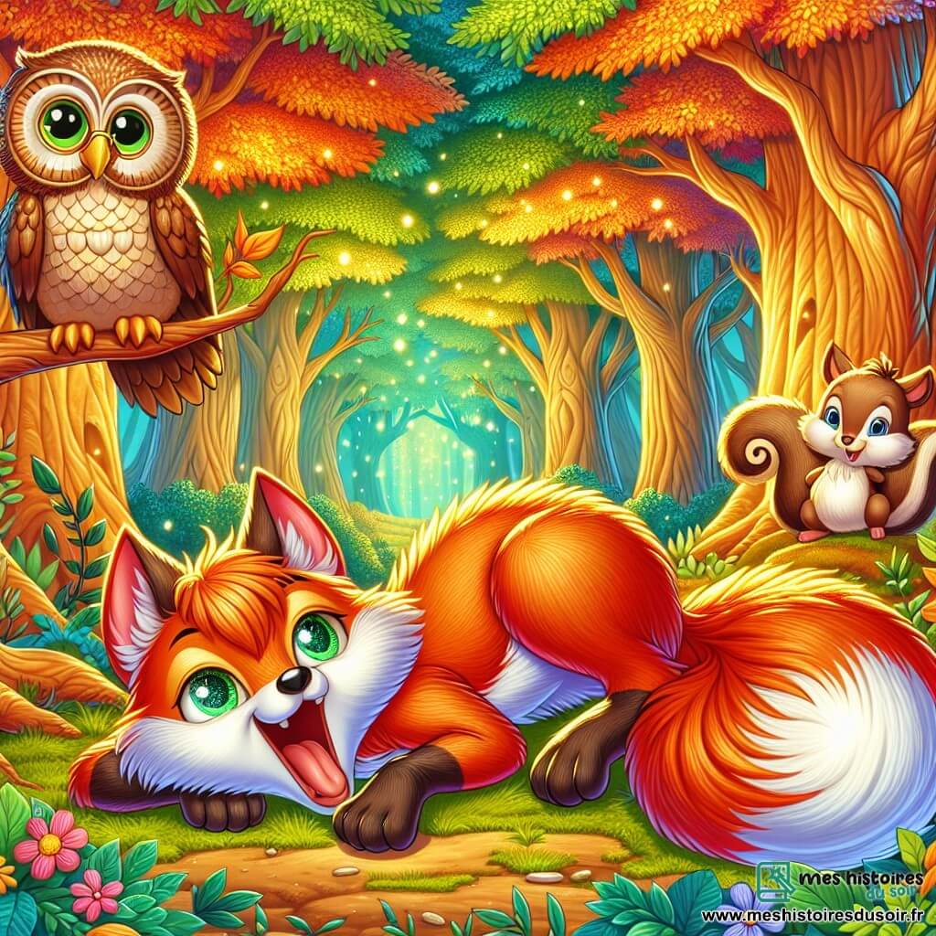 Illustration d'un renard aux yeux pétillants et à la fourrure flamboyante, allongé sur des feuilles, avec une expression paresseuse et malicieuse, bâillant largement. À proximité, un hibou sage avec des lunettes rondes observe le renard, inquiet. Un écureuil curieux et amusé le regarde, tandis qu'une tortue calme l'encourage. Le cadre est une forêt enchantée avec des arbres majestueux, des fleurs colorées et une rivière scintillante. Le renard, convoqué par ses amis animaux, se prépare à raconter une histoire drôle au dragon endormi dans une caverne, profitant de la tranquillité. L'ambiance est joyeuse, avec des éclats de rire et des pièces d'or scintillantes, mêlant humour et fantasy.