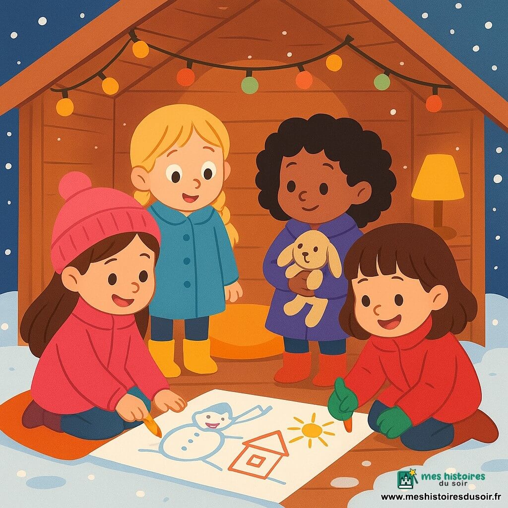 Quatre enfants se trouvent dans une cabane en bois entourée de neige. Emma, 4 ans, a de longs cheveux bruns et porte un manteau rose vif. Zoé, également 4 ans, a des cheveux blonds en tresses et un manteau bleu. Lina, avec des cheveux noirs bouclés, porte un manteau violet et un doudou lapin. Mila, avec des cheveux châtains et une frange, est en manteau rouge. Elles dessinent ensemble sur le sol, entourées de coussins colorés et éclairées par une douce lampe. L'ambiance est joyeuse et chaleureuse, malgré le froid extérieur.