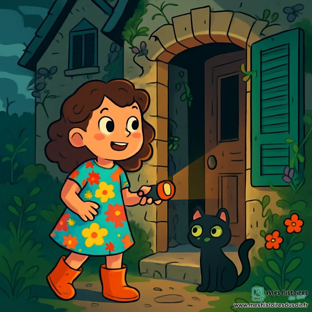 Une petite fille de 8 ans, Louise, avec des cheveux châtains bouclés et des yeux curieux, se tient devant une grande maison abandonnée, exprimant excitation et appréhension. Elle porte une robe à fleurs et des bottes en caoutchouc, prête à explorer. À ses côtés, un petit chat noir aux yeux verts observe la maison. La scène se déroule devant une maison ancienne, entourée de végétation sauvage, avec des volets grinçants et une porte entrouverte. Louise, lampe de poche à la main, s'apprête à entrer dans la maison, déterminée à découvrir ses secrets, dans une atmosphère intrigante et légèrement effrayante.