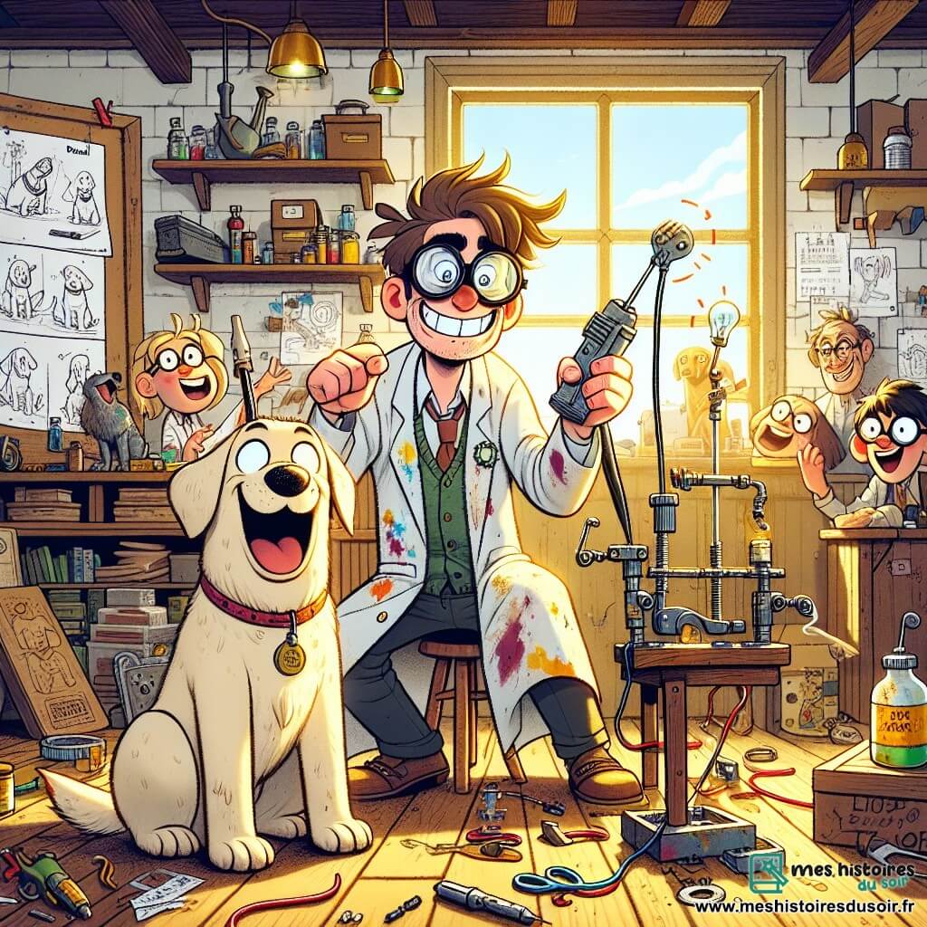 Hector, un homme aux cheveux ébouriffés et lunettes de travers, sourit d'excitation. Il porte une blouse de laboratoire tachée de peinture et tient un prototype de machine à traduire les aboiements. À ses côtés, Rufus, un labrador espiègle, remue la queue avec curiosité. L'atelier encombré est rempli de gadgets colorés, de plans éparpillés et de livres sur l'invention, baigné d'une douce lumière dorée. Hector teste sa machine, entouré de ses amis et de leurs chiens, tous impatients d'entendre les traductions amusantes des aboiements, créant une atmosphère joyeuse et créative.