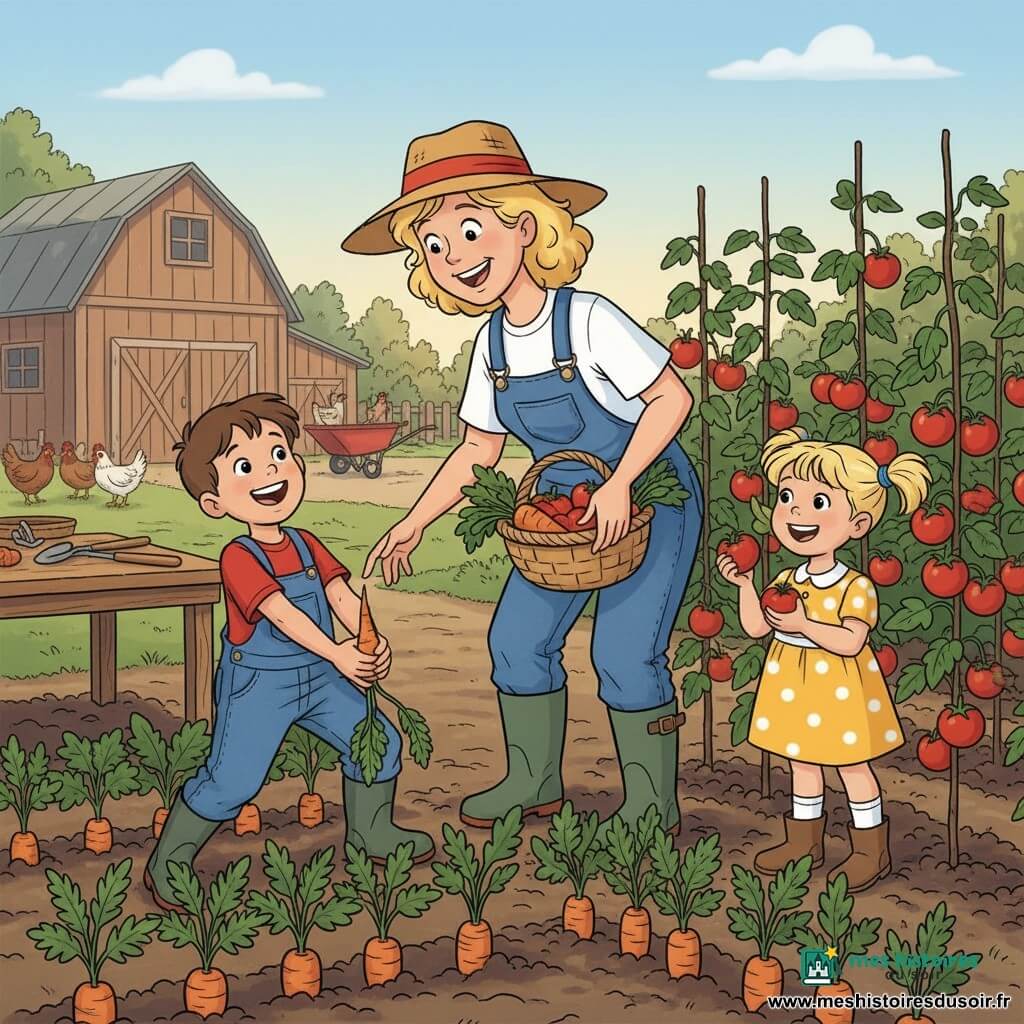 Marguerite, fermière d’environ 45 ans, souriante en salopette denim, chapeau de paille incliné, bottes vertes et mains terreuses, tient un panier en osier de carottes et tomates en se penchant sur un rang; à sa gauche Tom, 8 ans, cheveux bruns, t-shirt rouge et salopette, rit en arrachant une grosse carotte; à sa droite Lila, 6 ans, couettes blondes, robe jaune à pois et bottines, tient une tomate près de plants tuteurés; potager lumineux au sol sombre avec rangées de carottes et plants de tomates rouges, outils en bois sur une table rustique, petite brouette rouge, grange en bois et poules en arrière‑plan — scène joyeuse et chaleureuse, couleurs vives, lumière douce de fin de matinée, centrée sur la récolte et le partage.