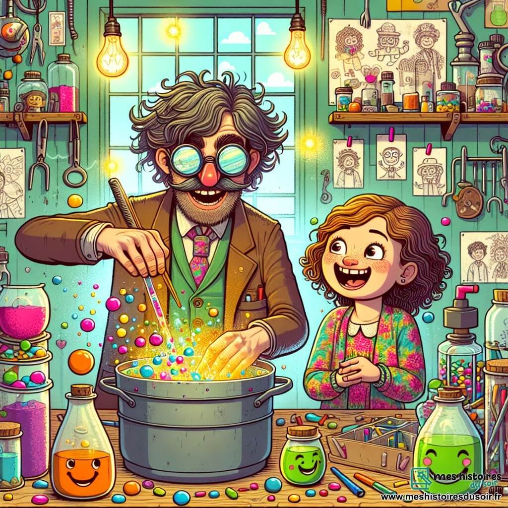 Illustration d'un homme excentrique avec des cheveux en bataille, des lunettes rondes et une blouse colorée, mélangeant des ingrédients dans une grande casserole, entouré de pièces détachées et de tubes. À ses côtés, une petite fille d'environ huit ans, cheveux bouclés et grand sourire, observe avec émerveillement, portant une robe à fleurs et tenant un pot de bonbons colorés. Le décor est un atelier lumineux rempli de bric-à-brac, avec des étagères d'outils, des bocaux de bonbons et des dessins d'inventions. L'homme et la petite fille expérimentent ensemble, riant alors qu'une explosion de couleurs et de bulles s'échappe de la casserole, créant une ambiance joyeuse. Des légumes souriants, des éclats de lumière et des nuages de vapeur colorée ajoutent une touche magique à l'illustration.