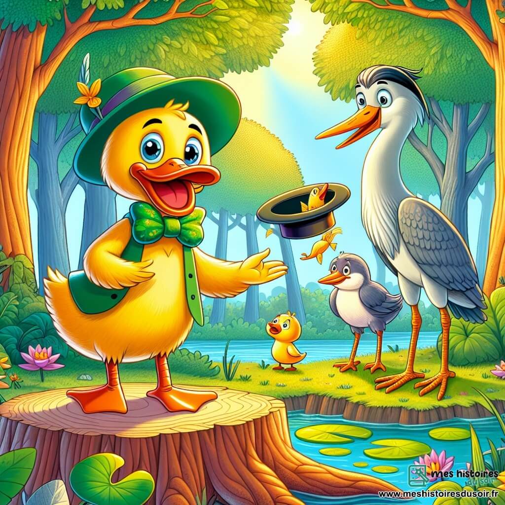Dédé, un canard aux plumes jaunes et au bec orange, se tient sur une souche d'arbre, les yeux brillants et souriant. Il porte un nœud papillon en feuilles de nénuphar. À côté de lui, Hector, un héron aux longues pattes grises, l'observe avec curiosité, un léger sourire aux lèvres, tenant un chapeau d'où sortent des poissons en papier. La scène se déroule dans une clairière ensoleillée, entourée d'arbres majestueux, où des animaux se rassemblent pour découvrir des inventions. Dédé annonce le début de la compétition, tandis que les animaux applaudissent et rient, créant une atmosphère joyeuse.