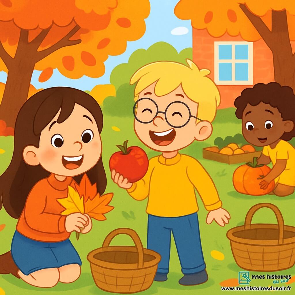 Léonie, une petite fille de 6 ans aux longs cheveux bruns et aux yeux pétillants, sourit en ramassant des feuilles d'automne colorées. Elle porte un pull orange vif et une jupe en jean. À ses côtés, Hugo, un garçon de 6 ans aux cheveux blonds et lunettes rondes, tient une grosse pomme rouge en riant. Plus loin, Zoé, une fille de 6 ans aux cheveux frisés et à la robe jaune, ramasse une citrouille brillante. L'action se déroule dans un jardin d'école rempli d'arbres aux feuilles flamboyantes, avec des paniers en osier sur l'herbe. Léonie et ses amis s'amusent à ramasser des trésors d'automne, entourés par la beauté des couleurs de la saison.