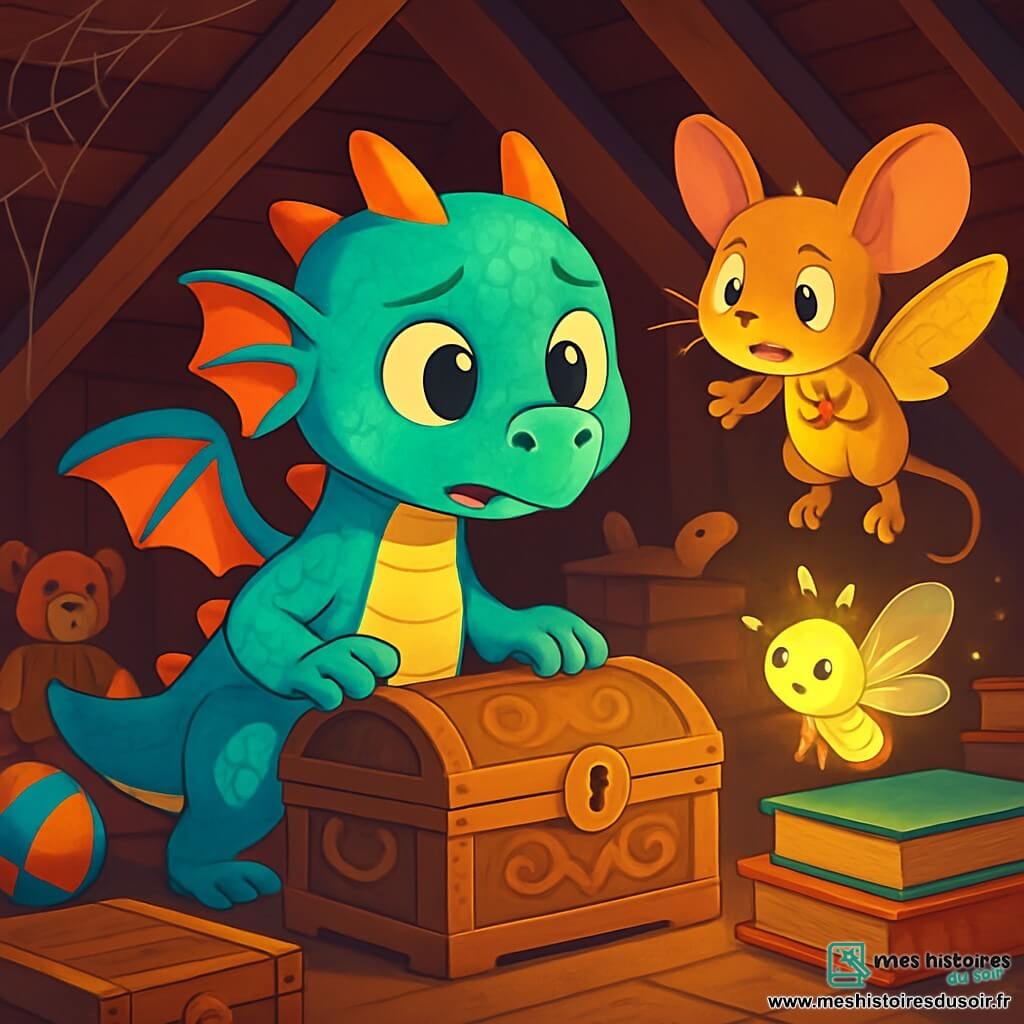 Lila, une jeune dragonne aux écailles turquoise, se tient au centre du grenier du Vieux Chêne, déterminée et un peu inquiète, fouillant parmi des vieux coffres. Milo, un souriceau volant aux ailes dorées, flotte à côté d'elle, inquiet et scrutant les recoins sombres à la recherche de la clé perdue. Plume, une luciole brillante, illumine le grenier perchée sur une pile de livres, prête à aider. Le grenier regorge de trésors oubliés : livres colorés, jouets anciens et toiles d'araignées, créant une atmosphère mystérieuse. Les trois amis enquêtent pour retrouver la clé dorée disparue, entourés d'objets anciens racontant des histoires oubliées.