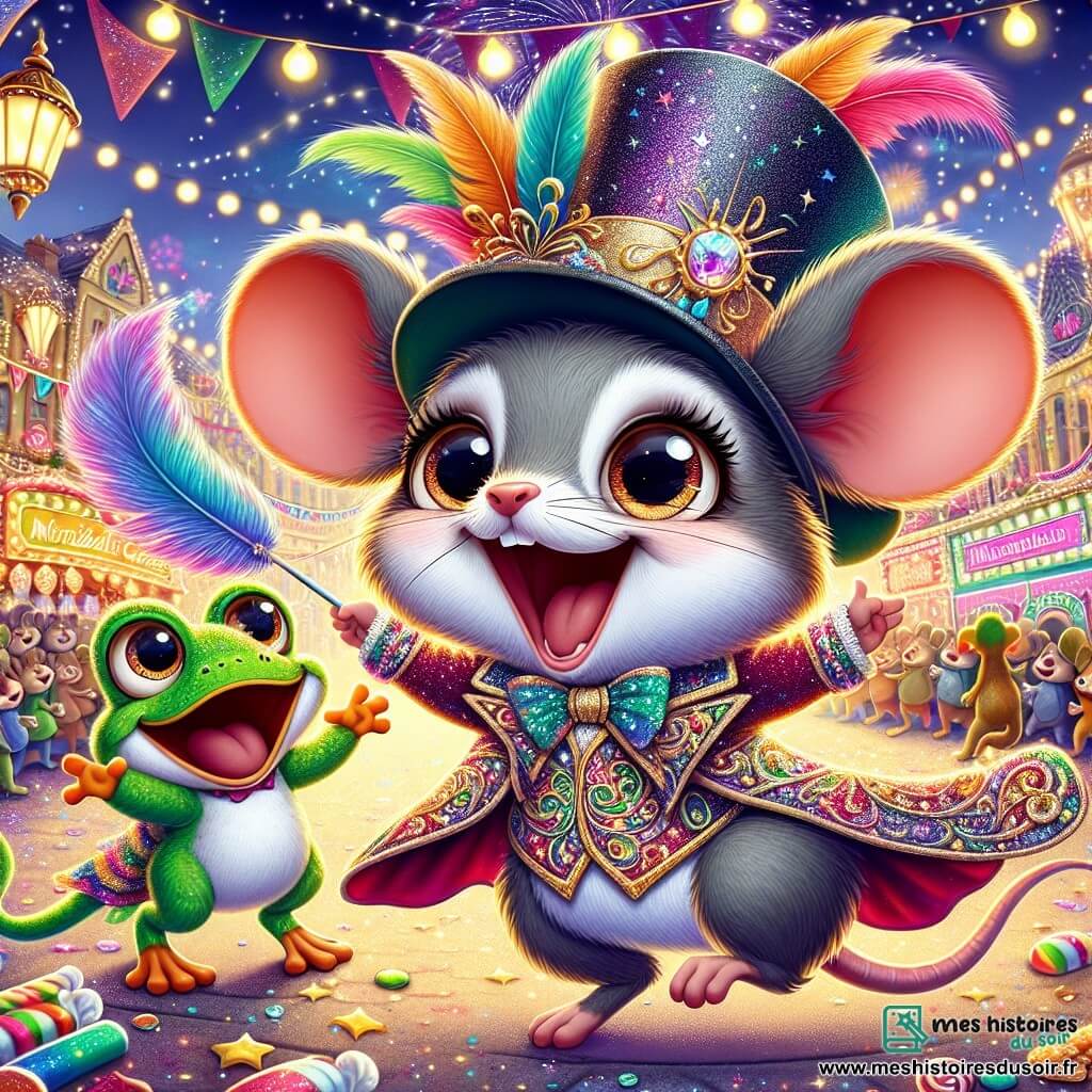 Au centre de l'image, une petite souris grise nommée Noisette, souriante, porte un costume flamboyant de plumes multicolores et de paillettes. Elle danse joyeusement, sa cape flottant autour d'elle, avec une étoile dorée sur son chapeau haut-de-forme. À ses côtés, sa meilleure amie Pistache, une grenouille verte, saute avec enthousiasme, tenant une plume bleue. En arrière-plan, la place de Mirabulle est décorée de guirlandes colorées, de stands de bonbons, et d'animaux applaudissant. La scène est festive et magique, avec des lanternes illuminant le ciel nocturne et des feux d'artifice. Noisette et Pistache célèbrent au carnaval, entourées d'amis joyeux dans une ambiance de bonheur et d'amitié.