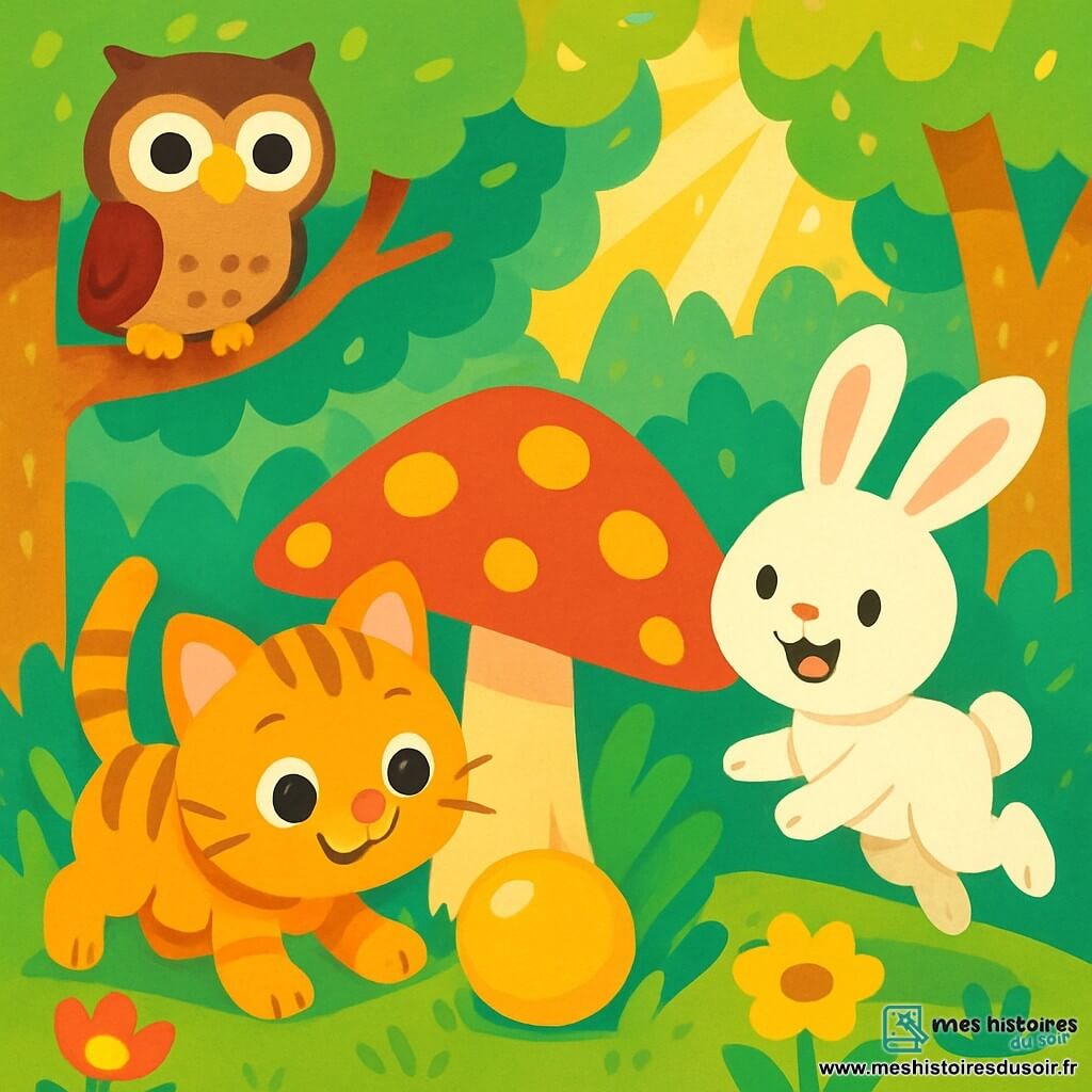 Un petit chat aux yeux brillants et au pelage doux et rayé, avec une expression joyeuse, cherche sa boule dorée sous un grand champignon coloré. À côté, un lapin blanc aux grandes oreilles, souriant, saute dans l'herbe verte. Un hibou aux plumes marron, perché sur une branche, observe la scène. La forêt magique est remplie d'arbres scintillants et de fleurs éclatantes, illuminée par des rayons de soleil dorés. Le petit chat et le lapin s'unissent pour retrouver la boule dorée, entourés par la beauté de la nature.