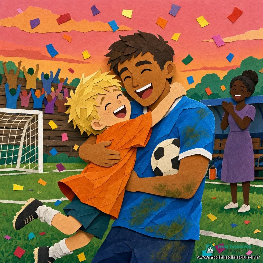 Lucas, homme aux cheveux bruns courts, rayonnant et ému, en maillot bleu vif tâché d'herbe, bras levés tenant un ballon de football sous le bras droit, embrasse Hugo, un garçon d'environ neuf ans aux cheveux blonds en bataille et maillot orange trop grand, qui saute de joie à sa gauche; en arrière-plan, la mère aux cheveux en chignon applaudit près d'un banc; terrain de quartier à herbe verte, poteaux blancs, tribune en bois avec quelques supporters, ciel crépusculaire rose-orangé, confettis colorés tombant, vêtements en mouvement et fort contraste de couleurs; style papier découpé avec formes nettes, ombres douces en couches, bords légèrement déchirés, palette vive et textures de papier visibles.
