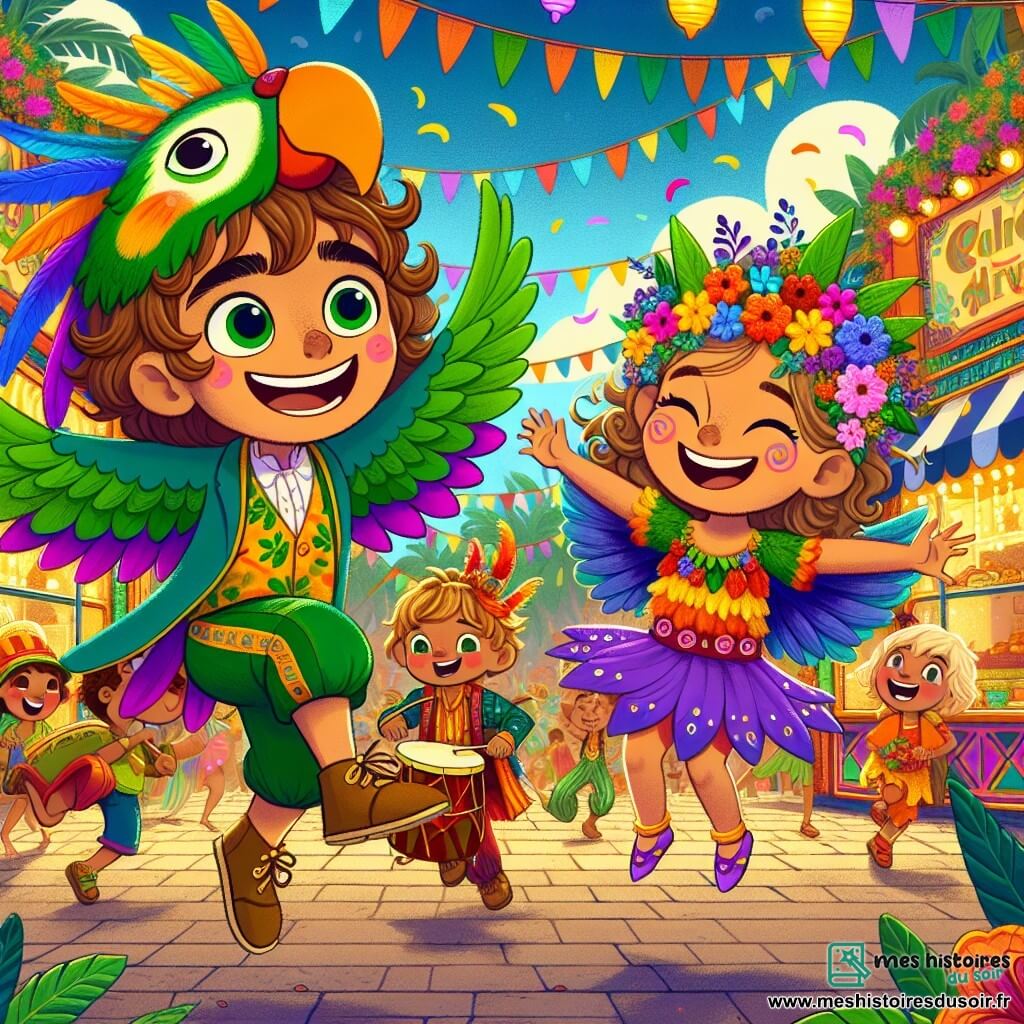 Léo, un garçon de 8 ans aux cheveux bruns et bouclés, porte un costume de perroquet multicolore et danse joyeusement au carnaval. Sa sœur Mia, 5 ans, déguisée en fée des bois avec une couronne de fleurs, saute de joie. Leur ami Sam, aussi âgé de 8 ans, est déguisé en lion et joue du tambour. La scène se déroule sur une place animée de l'île de Mananara, décorée de guirlandes et de lanternes colorées, où des enfants dansent autour d'une scène musicale. Léo et ses amis célèbrent ensemble, entourés de rires et de couleurs, prêts à découvrir le grand tambour de la joie, symbole de leur aventure au carnaval.
